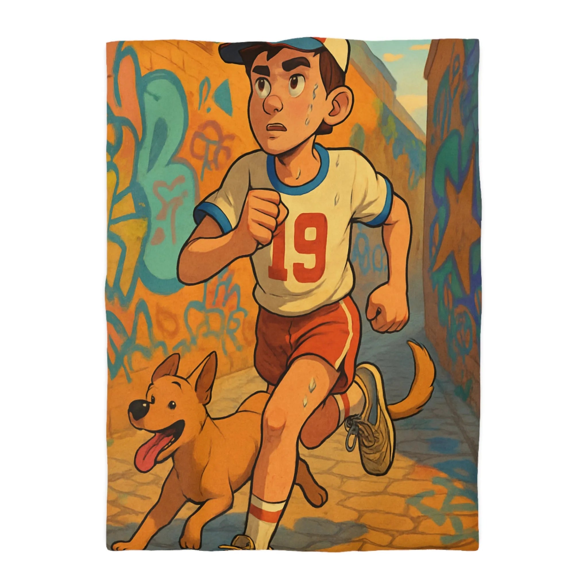 Housse de couette enfant sportive avec garçon et chien dans ruelle colorée graffiti