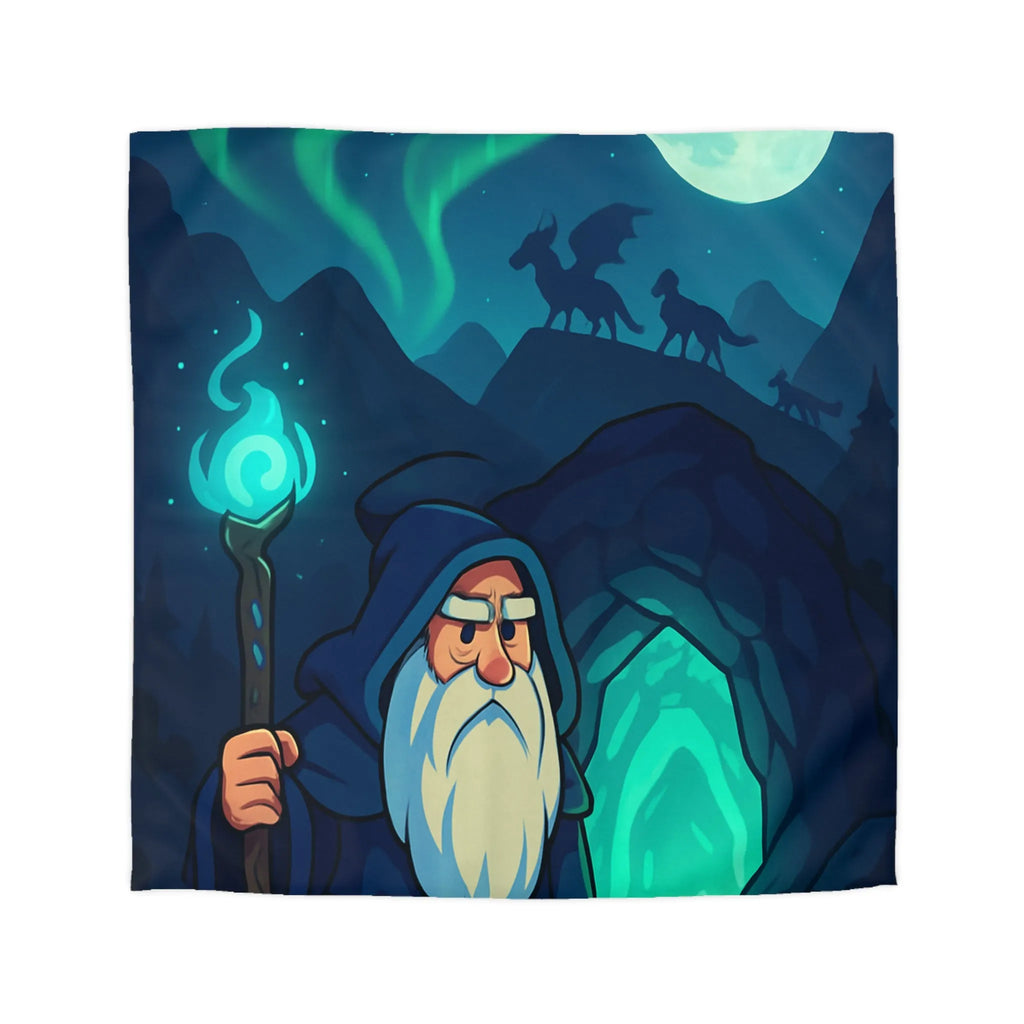 Housse de couette avec illustration de sorcier sous une aurore boréale et pleine lune