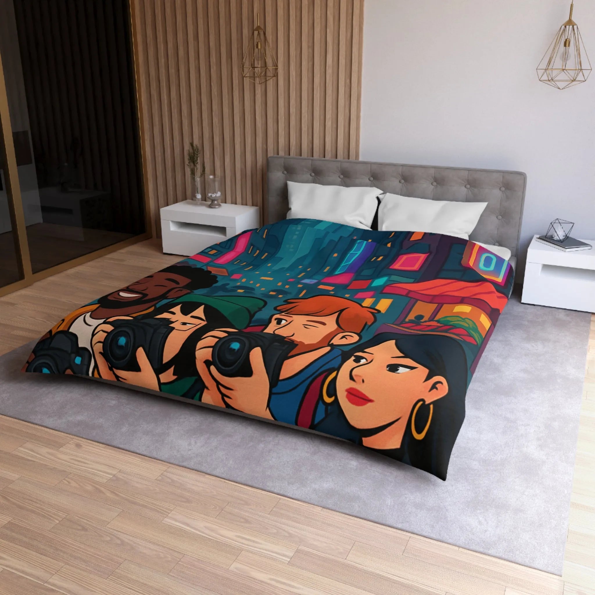 Housse de couette avec photographe urbain, design moderne et ambiance néon vibrante