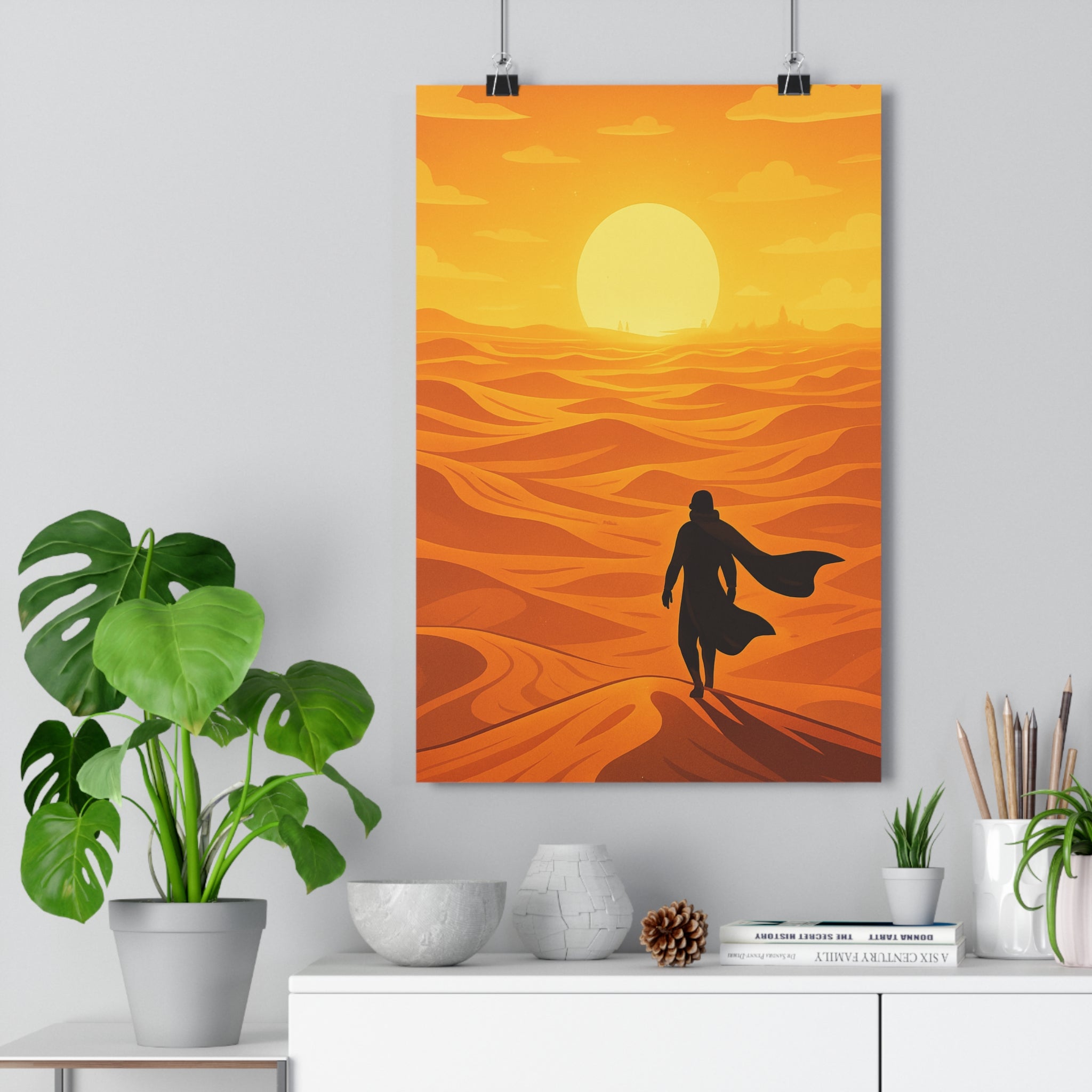Poster décoratif anime désert coucher soleil silhouette humaine ambiance sereine salon chambre jaune qualité