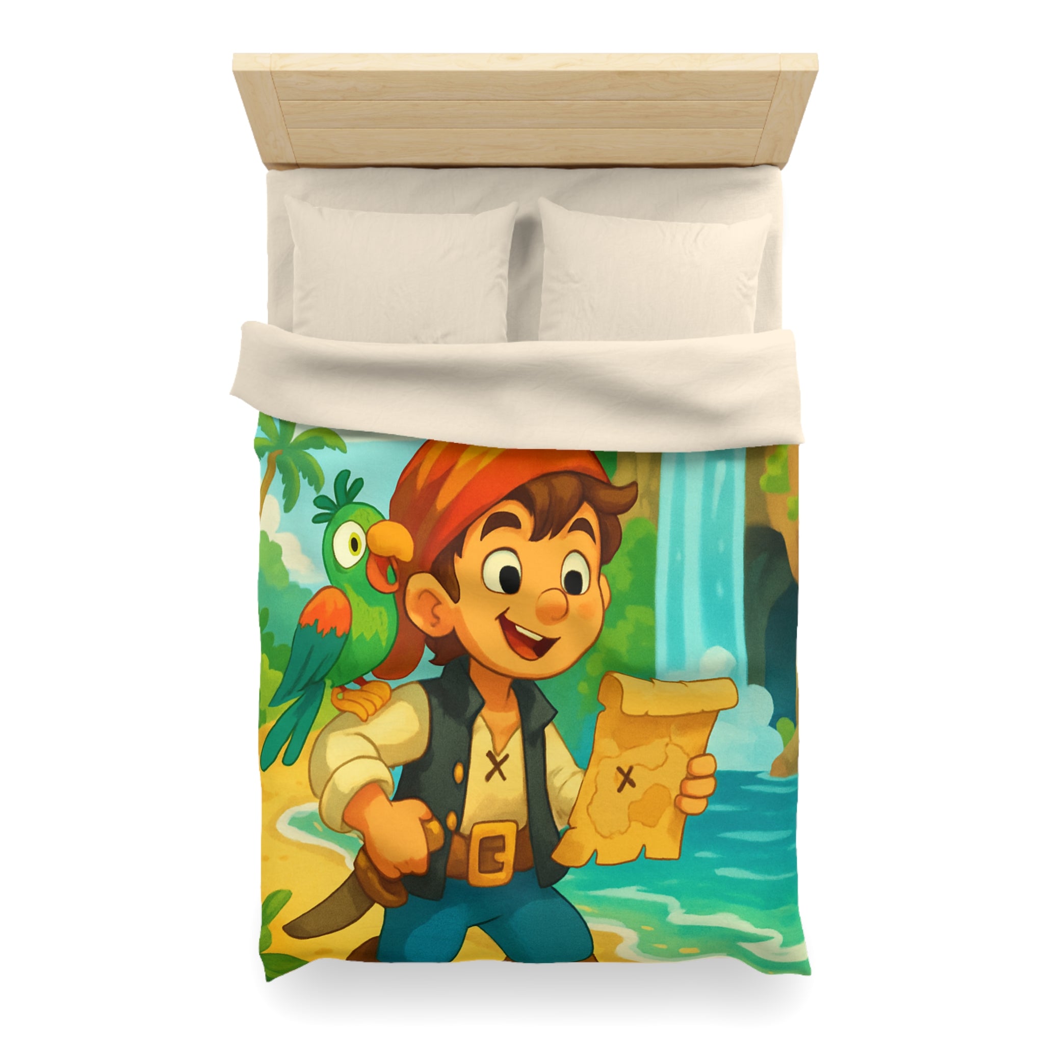 Housse de Couette Pirate Enfantine avec Perroquet, Carte au Trésor, Cascade et Plage
