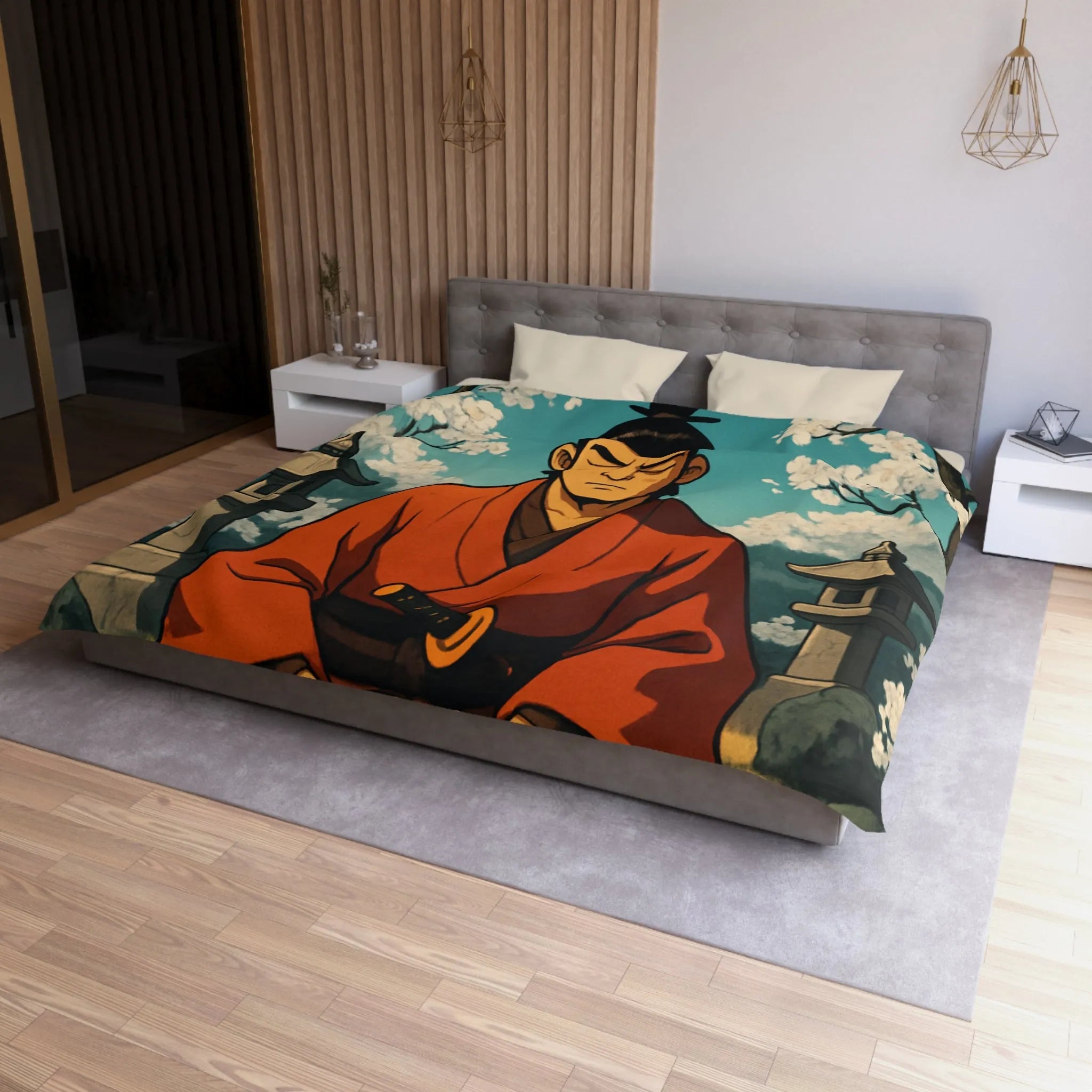 Housse de couette avec design de méditation sereine sous cerisiers en fleurs