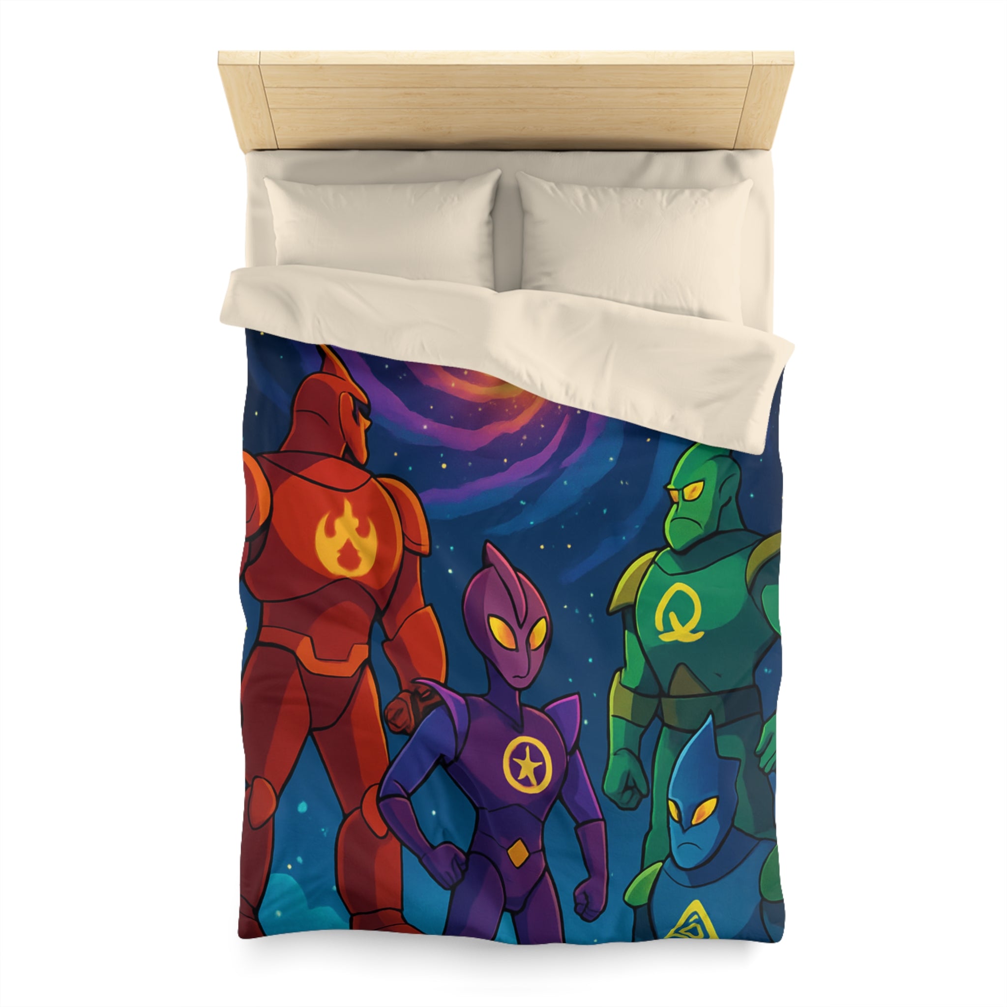 Quatre super-héros colorés avec une galaxie lumineuse, scène de science-fiction