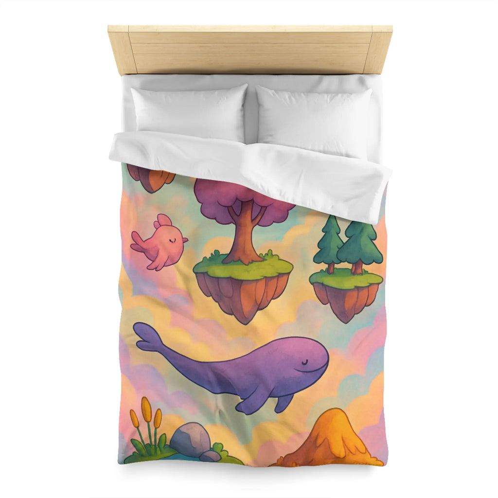 Housse de couette avec îles flottantes et créatures rêveuses dans un ciel magique