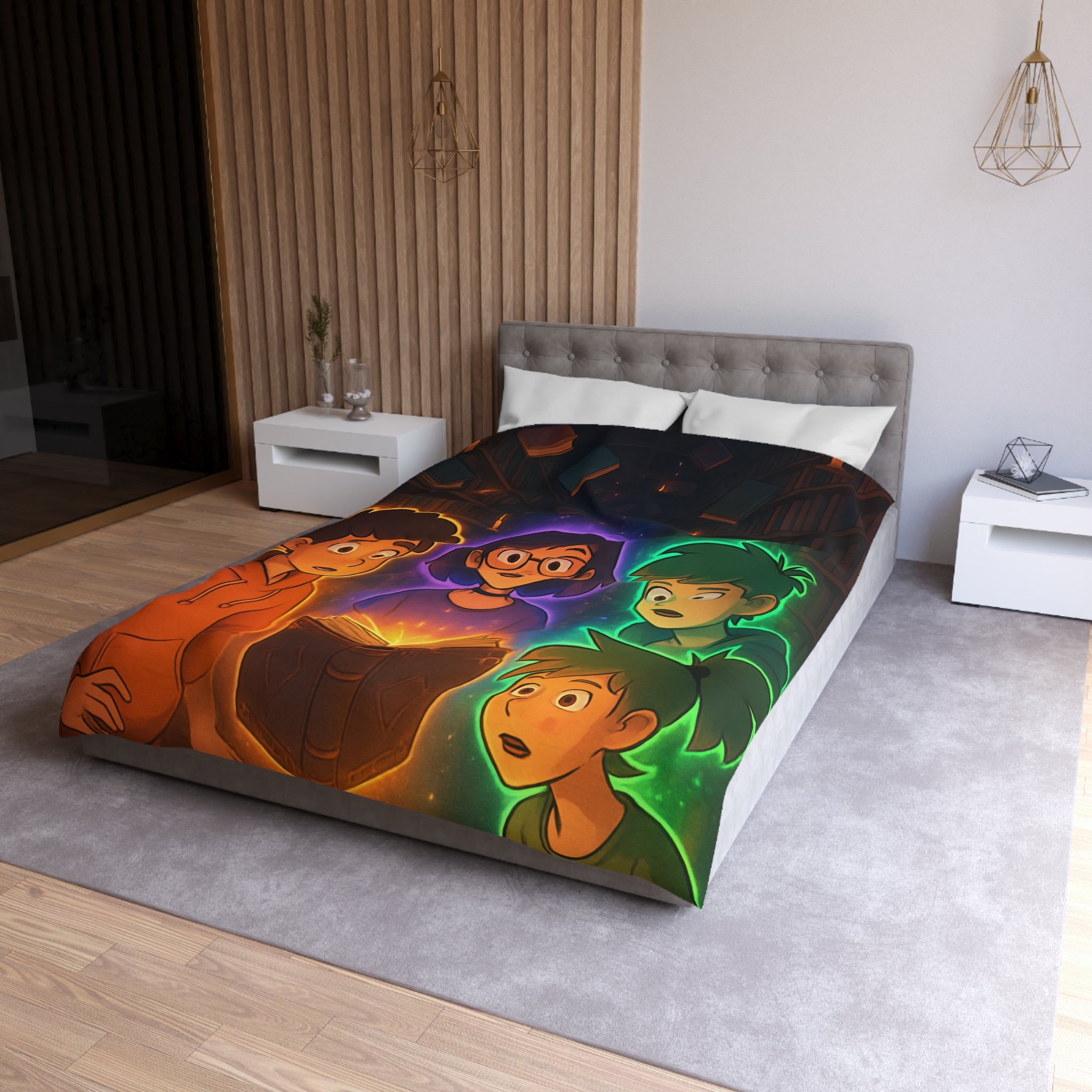 Housse de Couette Mystérieuse avec Enfants Découvrant Livre Magique dans Bibliothèque Enchantée