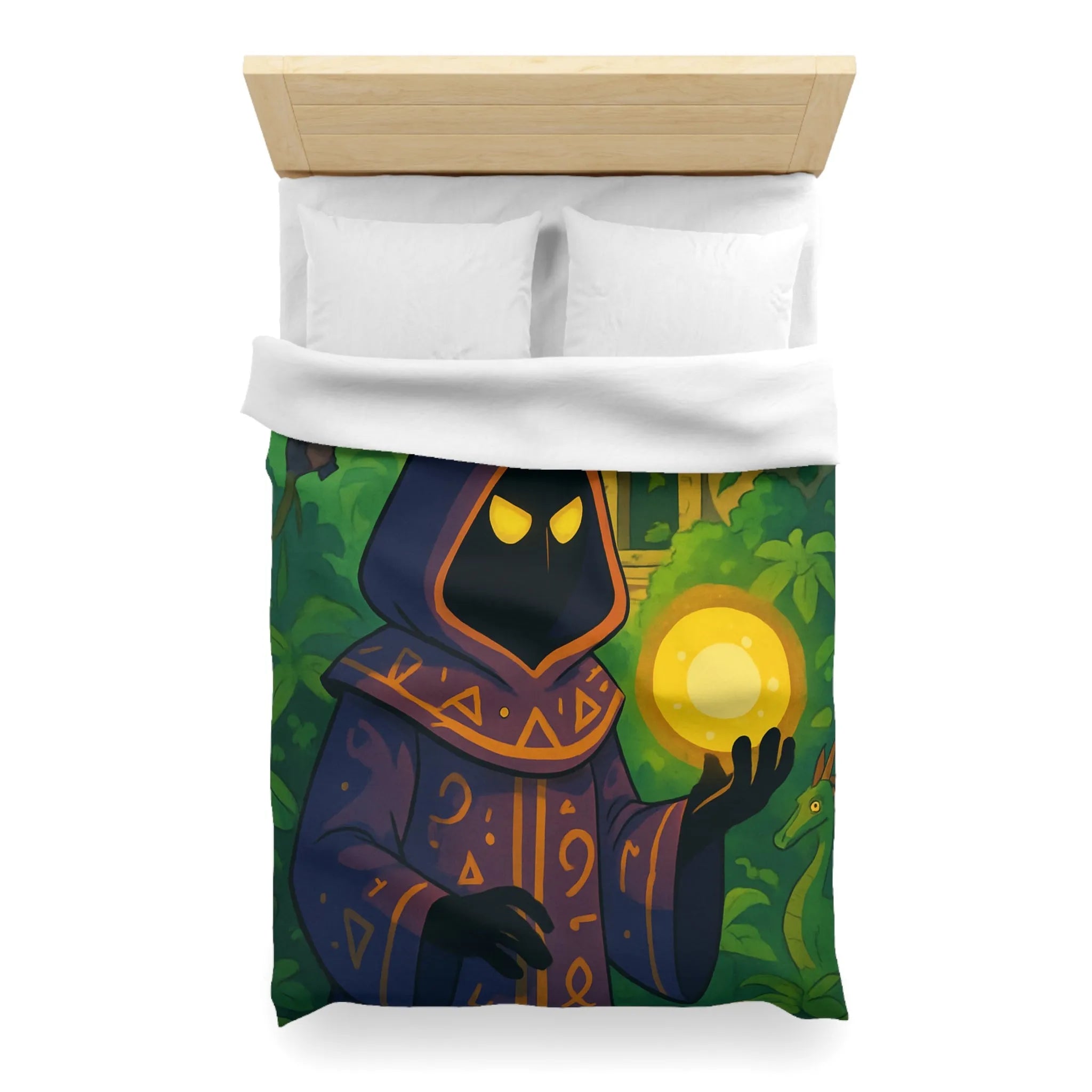 Housse de couette ambiance mystique avec mage sombre dans jungle énigmatique et temple ancien