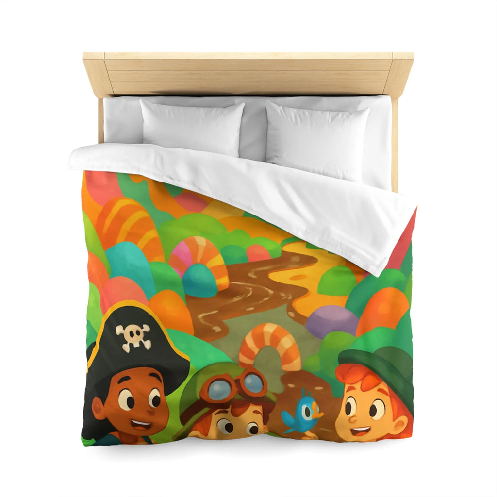Housse de couette ludique pour enfants avec château et aventuriers aux couleurs vives
