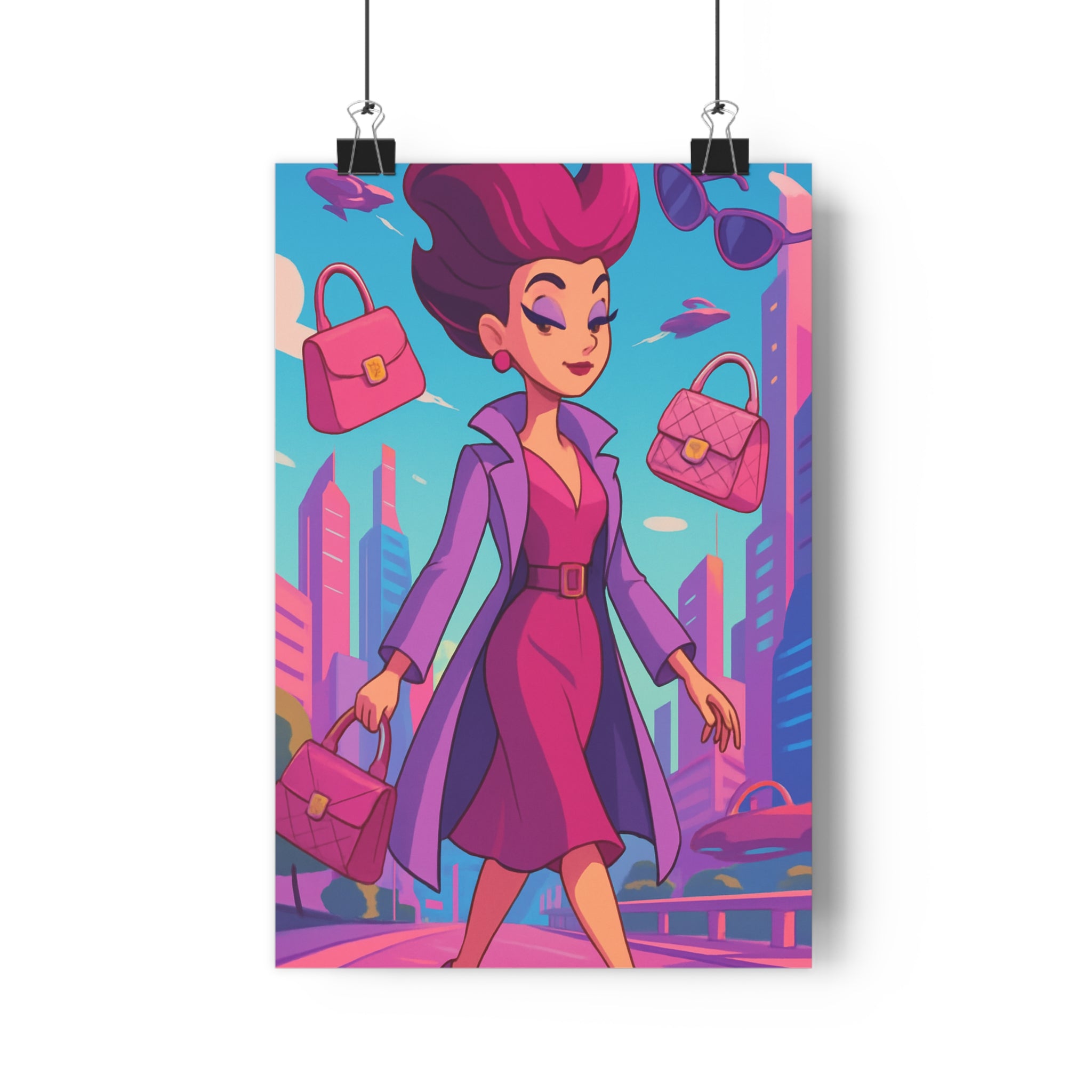 Poster décoratif moderne femme élégante rose violet animation futuriste néon pastel ville ambiance chambre