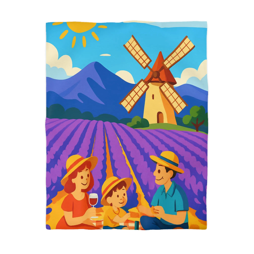 Housse de Couette Illustrée Scène de Pique-Nique en Provence avec Moulin à Vent