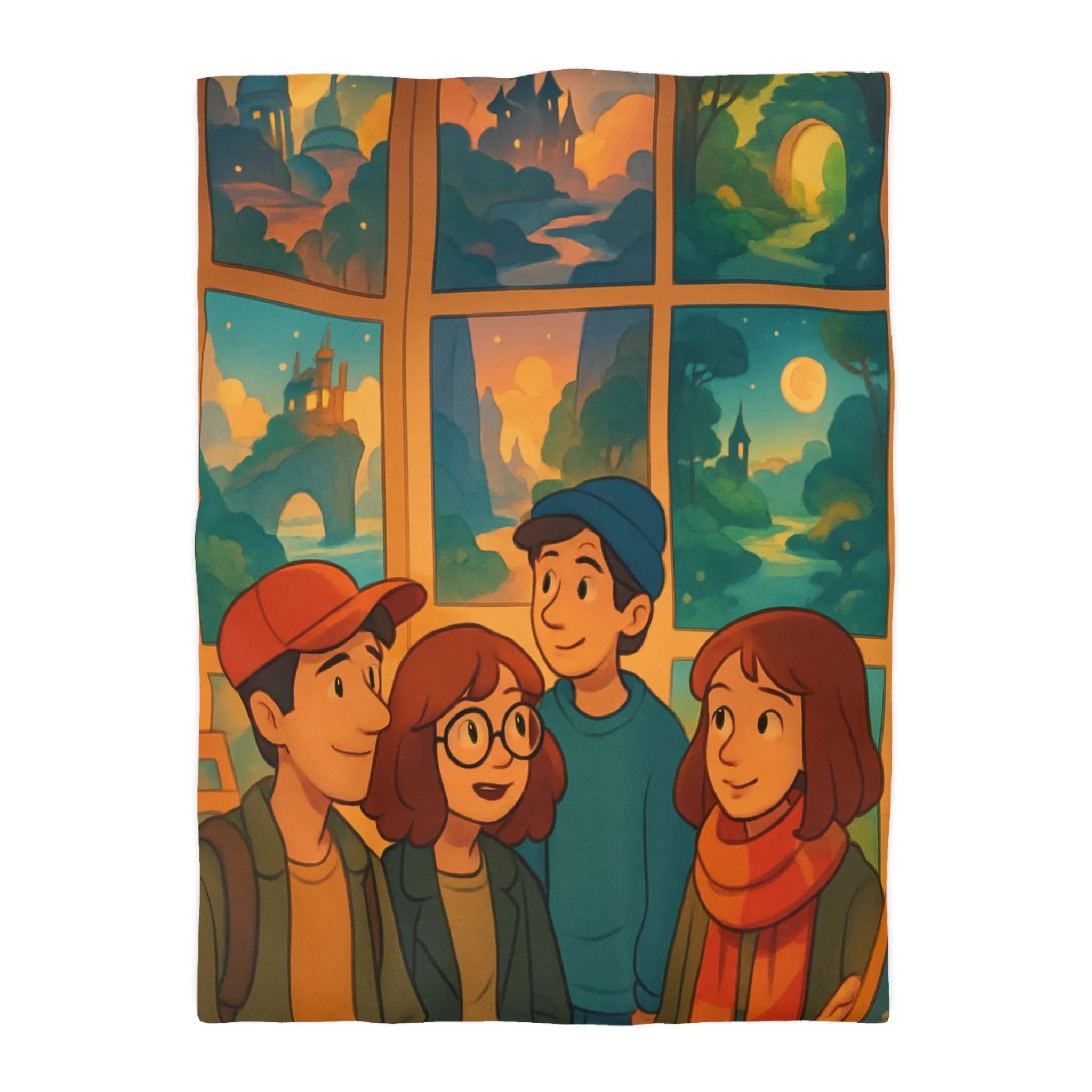 Housse de couette colorée avec paysages enchanteurs et personnages stylisés en exposition artistique