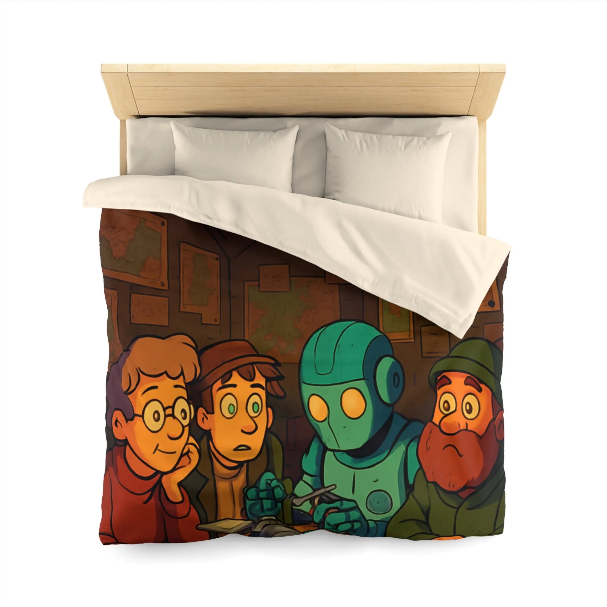 Housse de couette avec scène animée de nuit, stratégie autour de cartes et robot