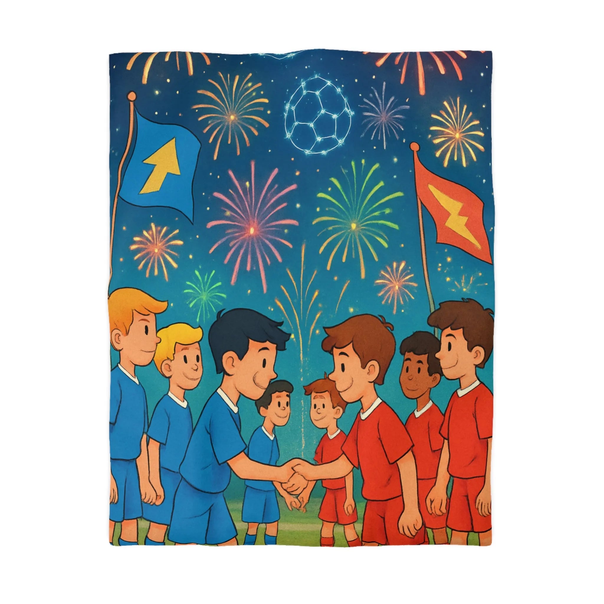 Housse de couette colorée inspirée du football avec feux d'artifice et équipe en action