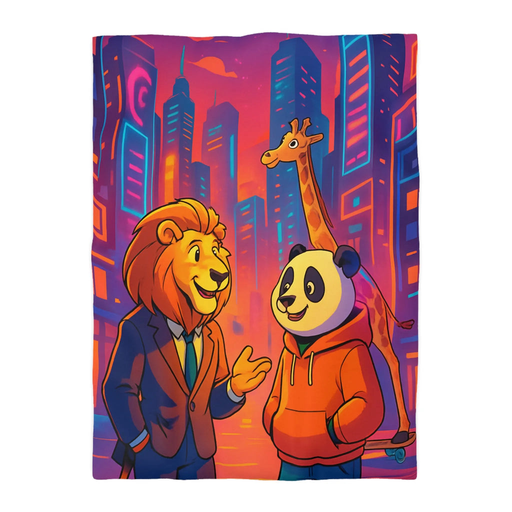 Housse de couette colorée avec lion et panda en costume urbain de ville futuriste