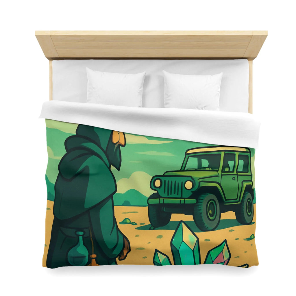 Housse de couette illustrée avec paysage surnaturel, grotte colorée et véhicule tout-terrain