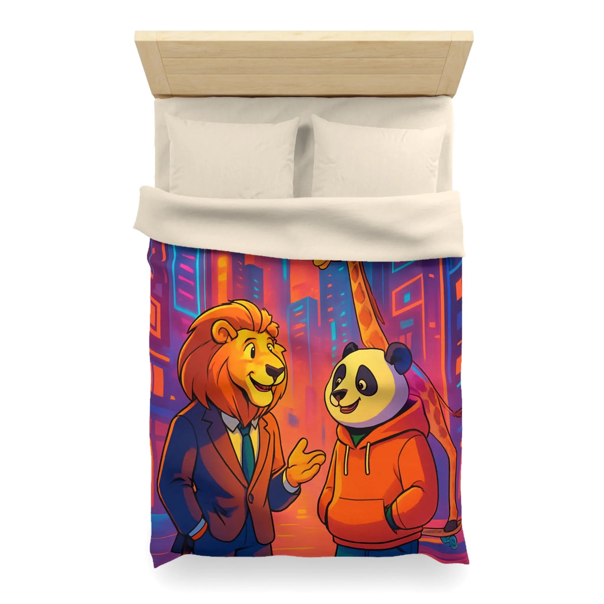 Housse de couette colorée avec lion et panda en costume urbain de ville futuriste