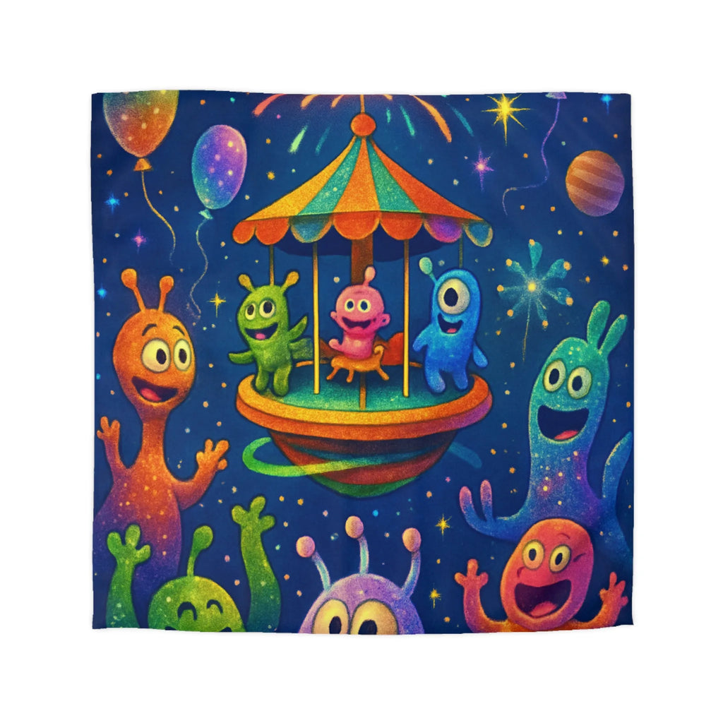 Housse de couette aux créatures extraterrestres colorées sous feux d'artifice et ballons colorés