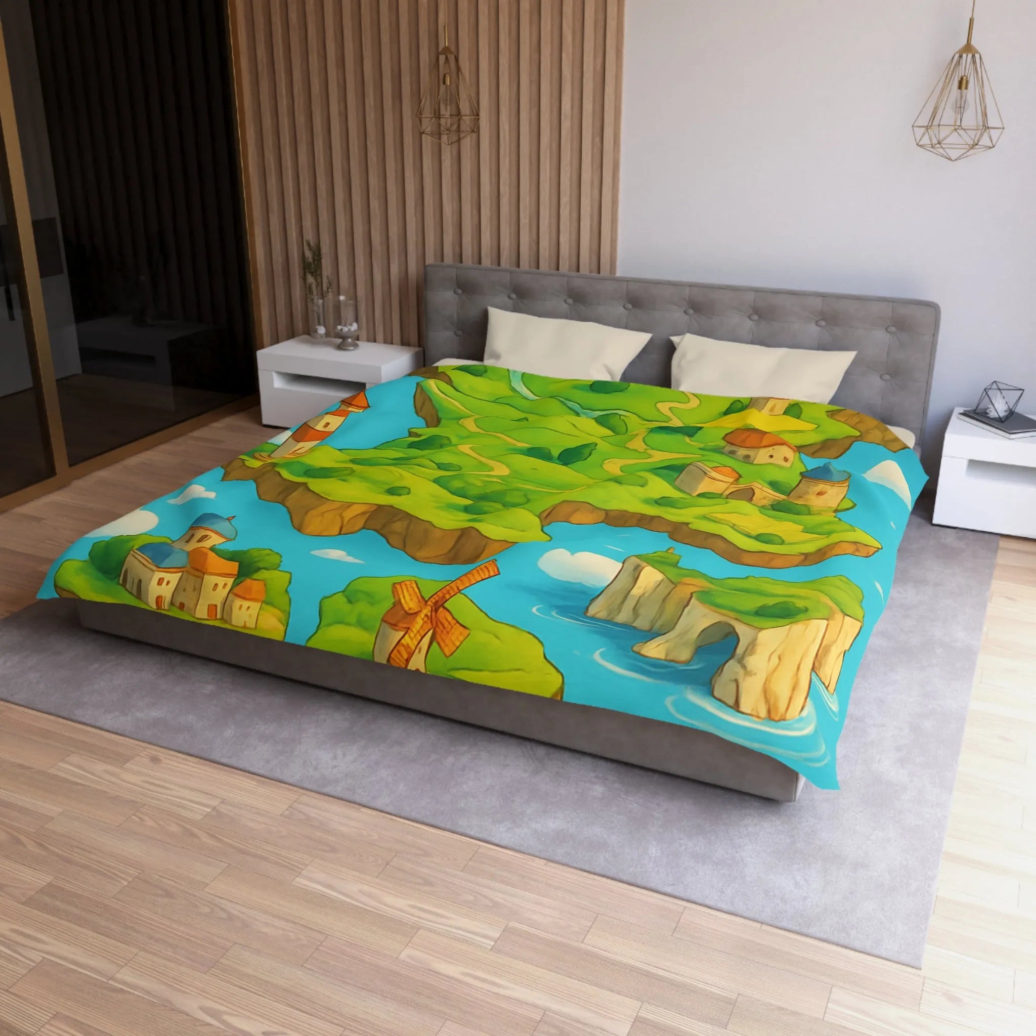 Housse de Couette Fantaisie Île Flottante Paysage Coloré Mer Moulins et Phare