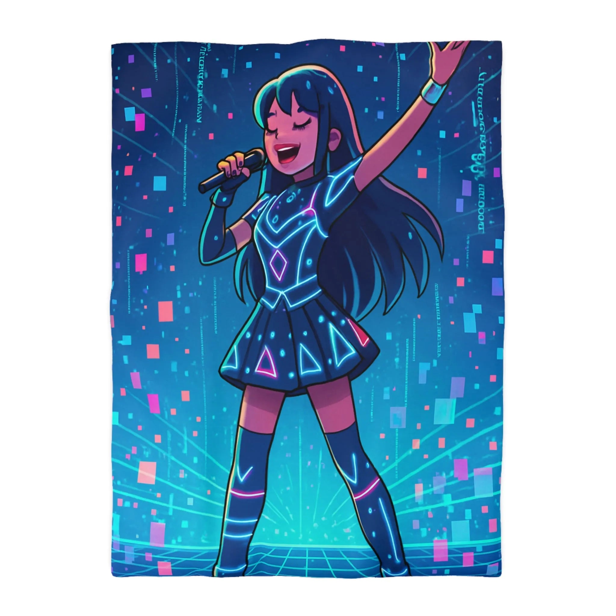 Housse de Couette Fille Chanteuse Néon Style Futuriste Graphiques Lumineux Bleu Rose