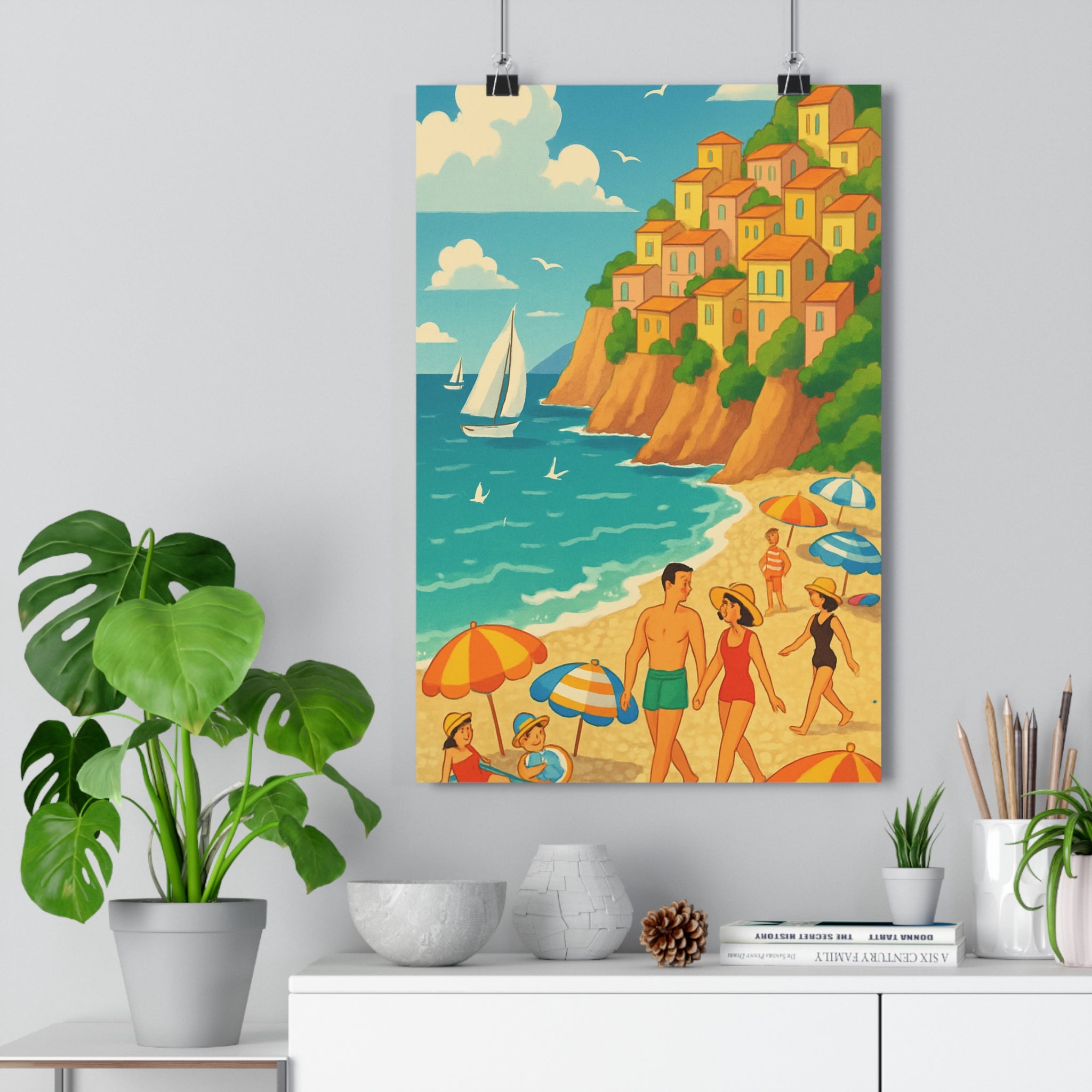 Poster décoratif aquarelle animé bleu vert orange joyeux salon chambre plage vacances méditerranéenne paysage