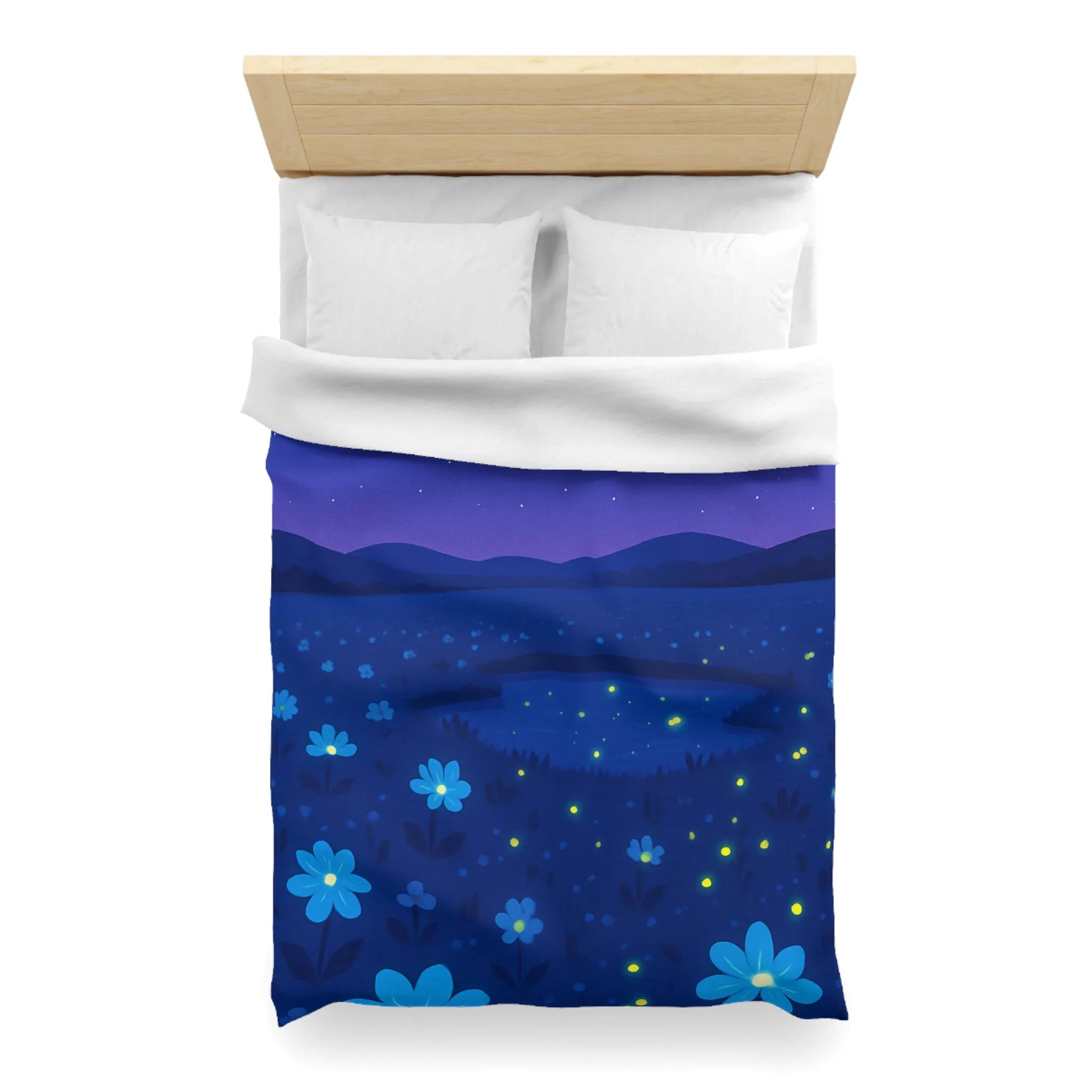 Housse de couette ciel étoilé bleu profond avec fleurs et étoiles filantes éblouissantes