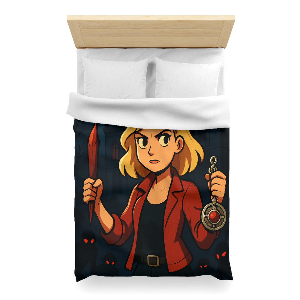 Housse de couette mystérieuse avec scène de château effrayant, pleine lune et silhouette combattive