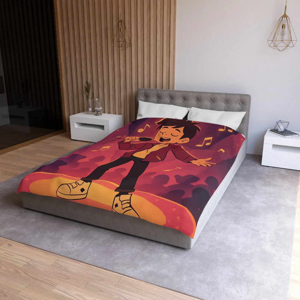 Housse de couette animée chanteur sur scène, ambiance vive et musicale au cœur vibrant