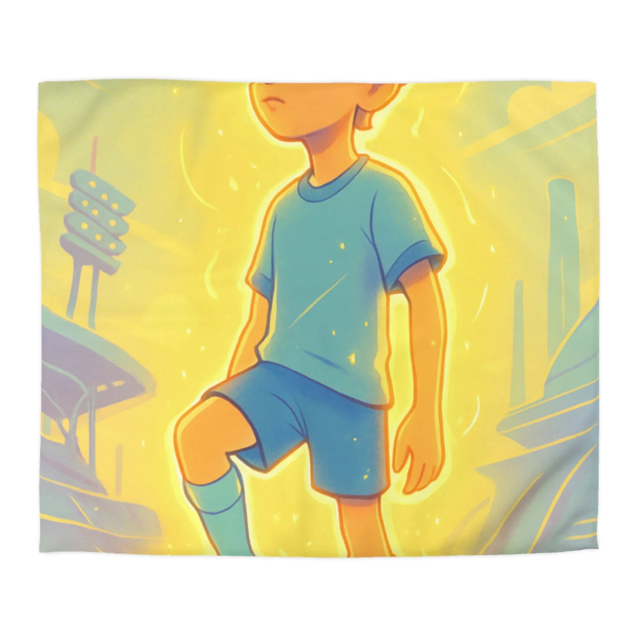 Housse de couette inspirée d'un jeune footballeur en action avec ambiance lumineuse