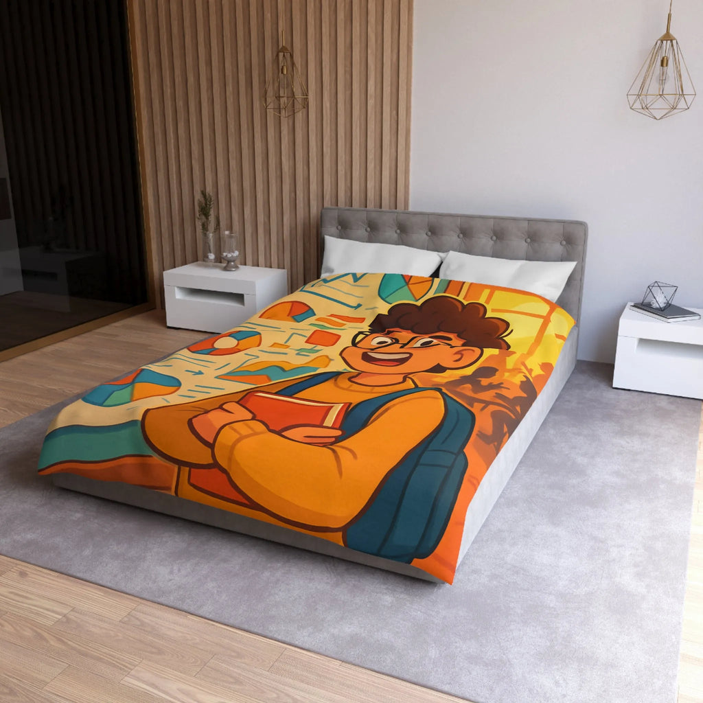 Housse de couette avec motif graphique coloré et personnage étudiant portant lunettes