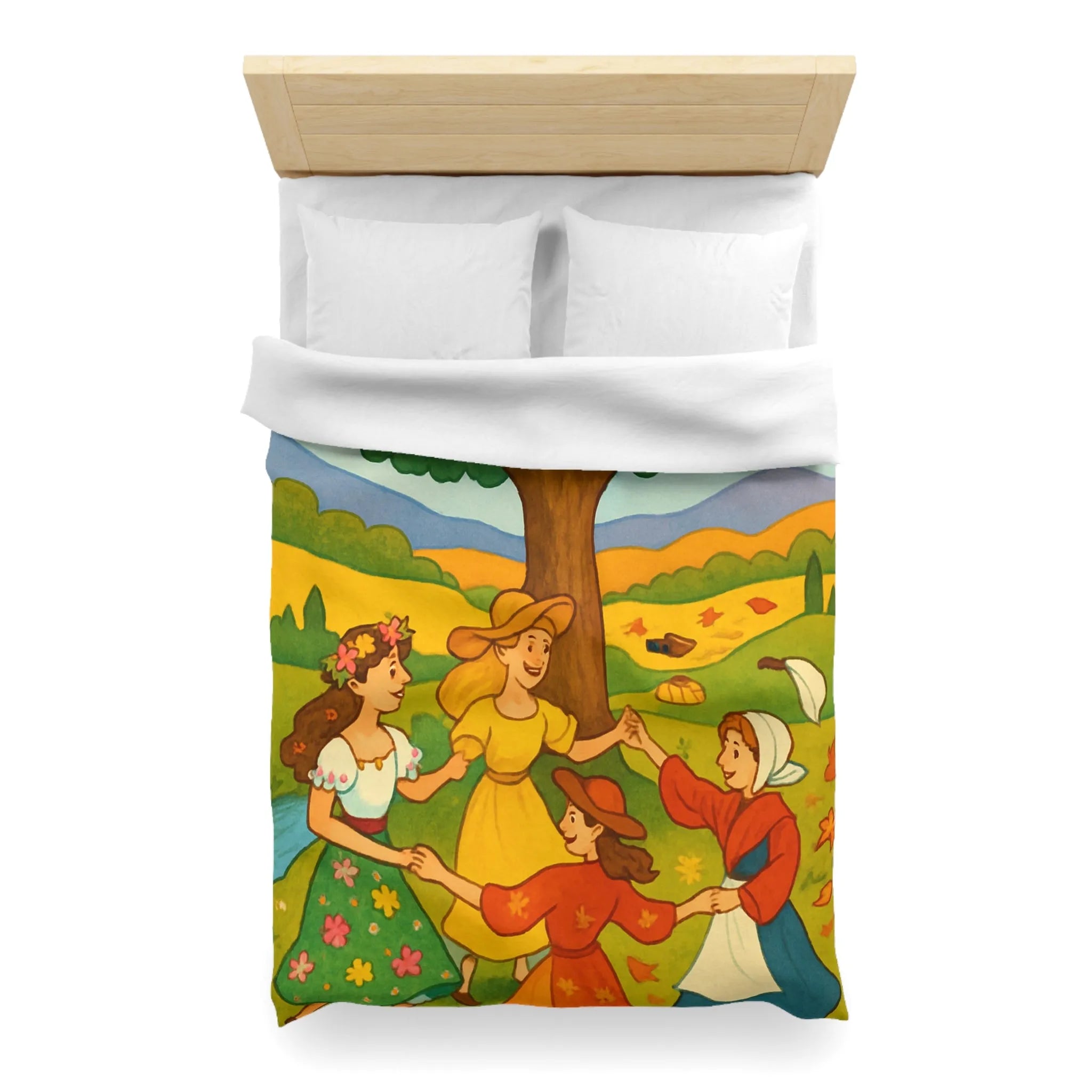 Housse de couette champêtre aux motifs de danseuses rondes et paysage bucolique coloré