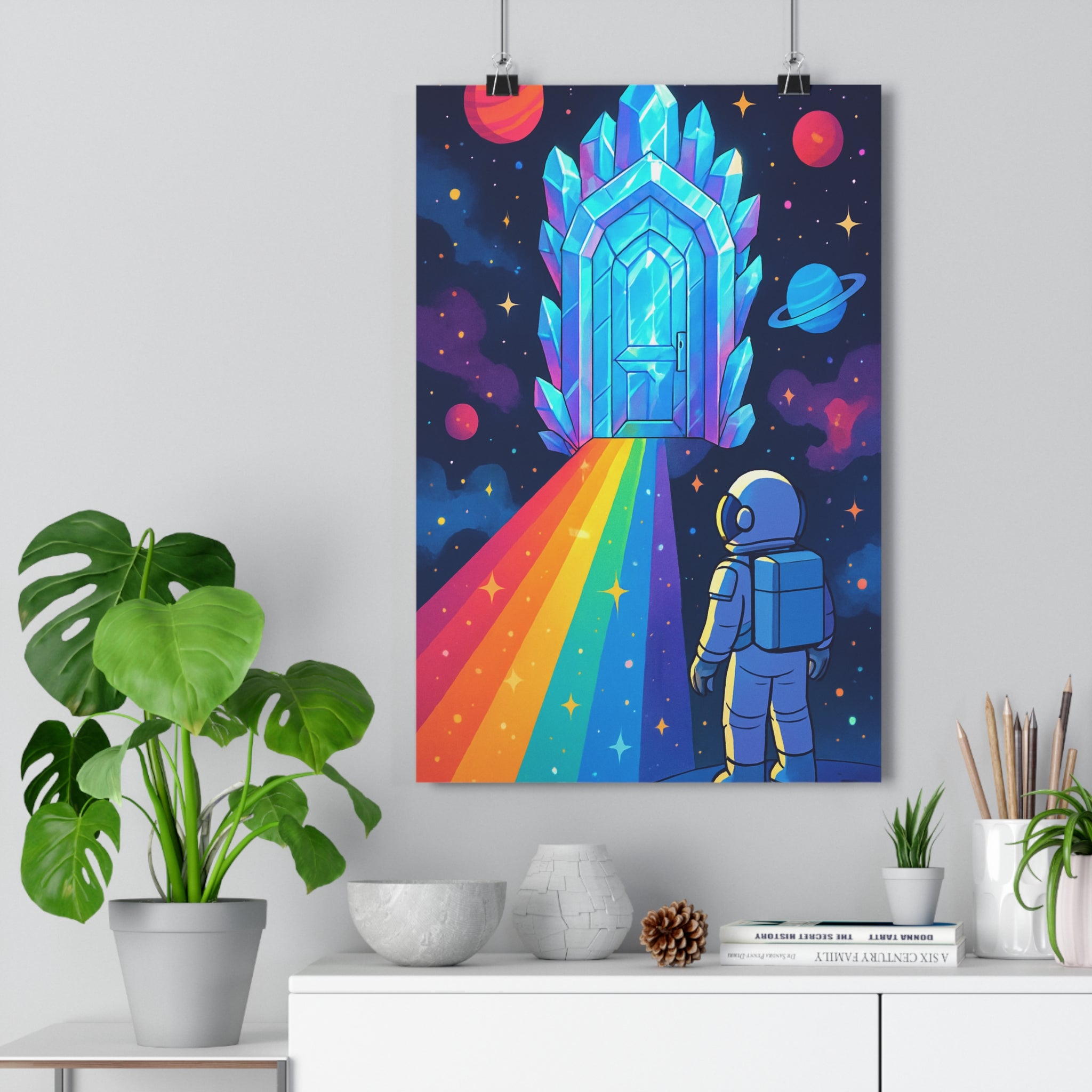 Poster décoratif astronaute cosmique lumineux magique chambre bureau arcenciel étoiles moderne captivant 30x46 qualité