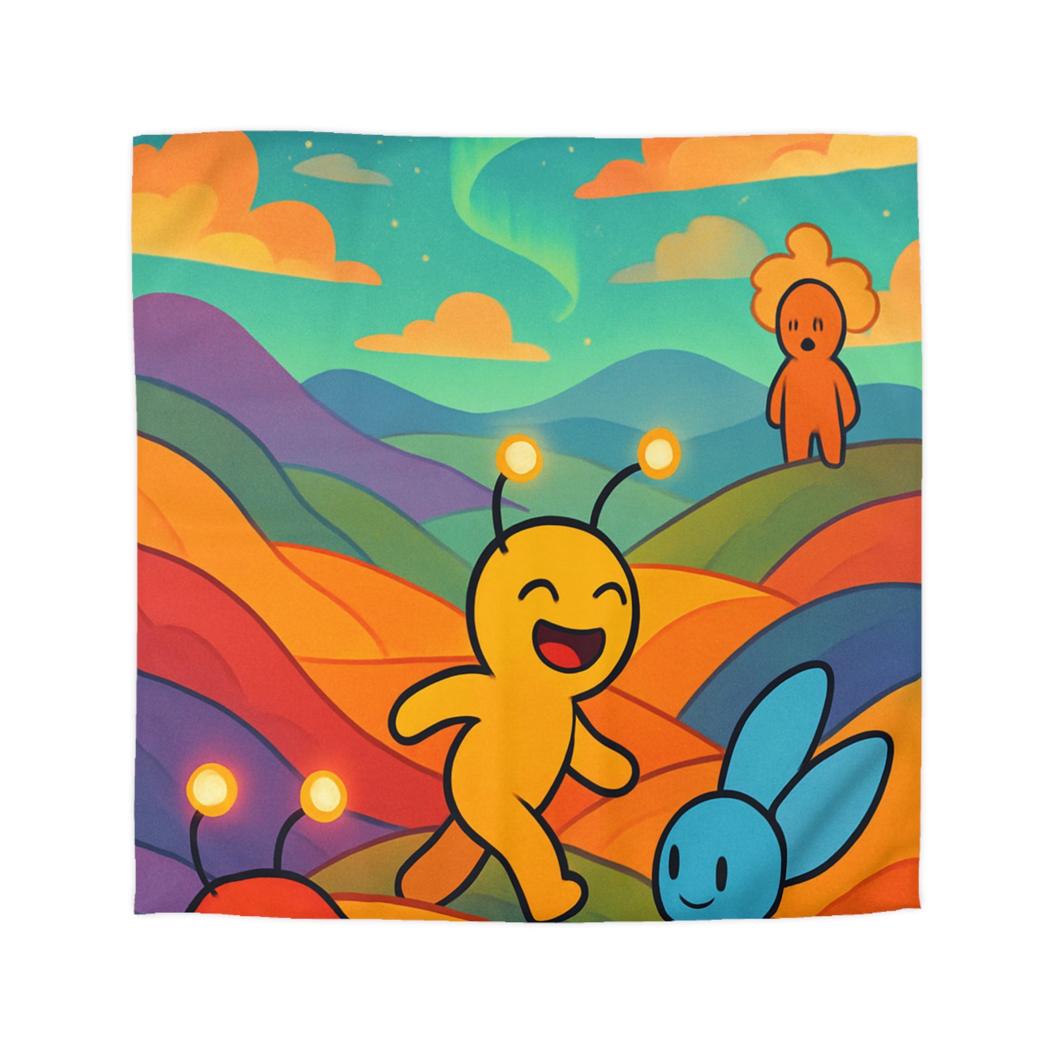 Housse de Couette Vibrante avec Paysage Arc-en-ciel et Personnages Amusants Colorés