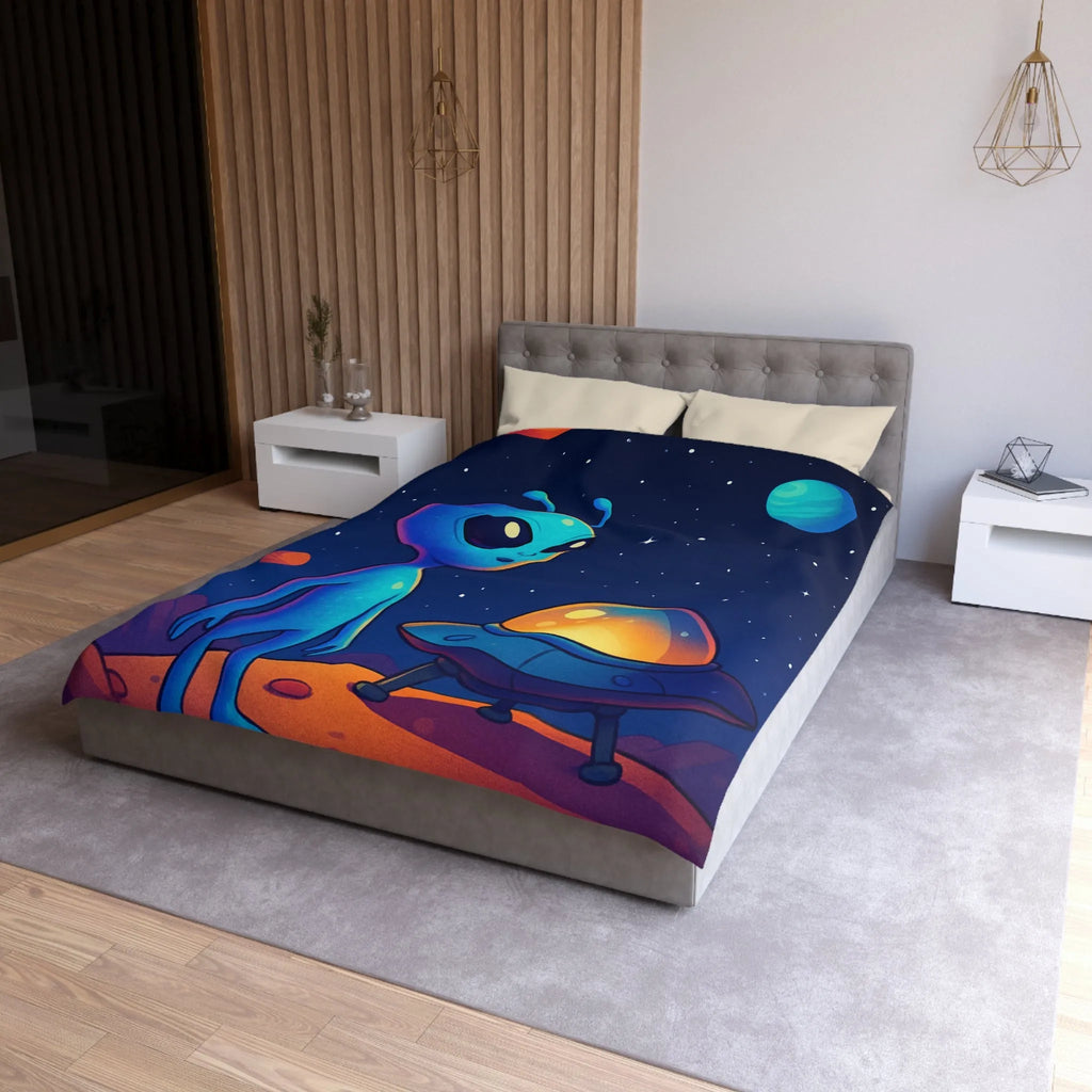 Housse de couette avec motif adorable de petit extraterrestre bleu et soucoupe volante