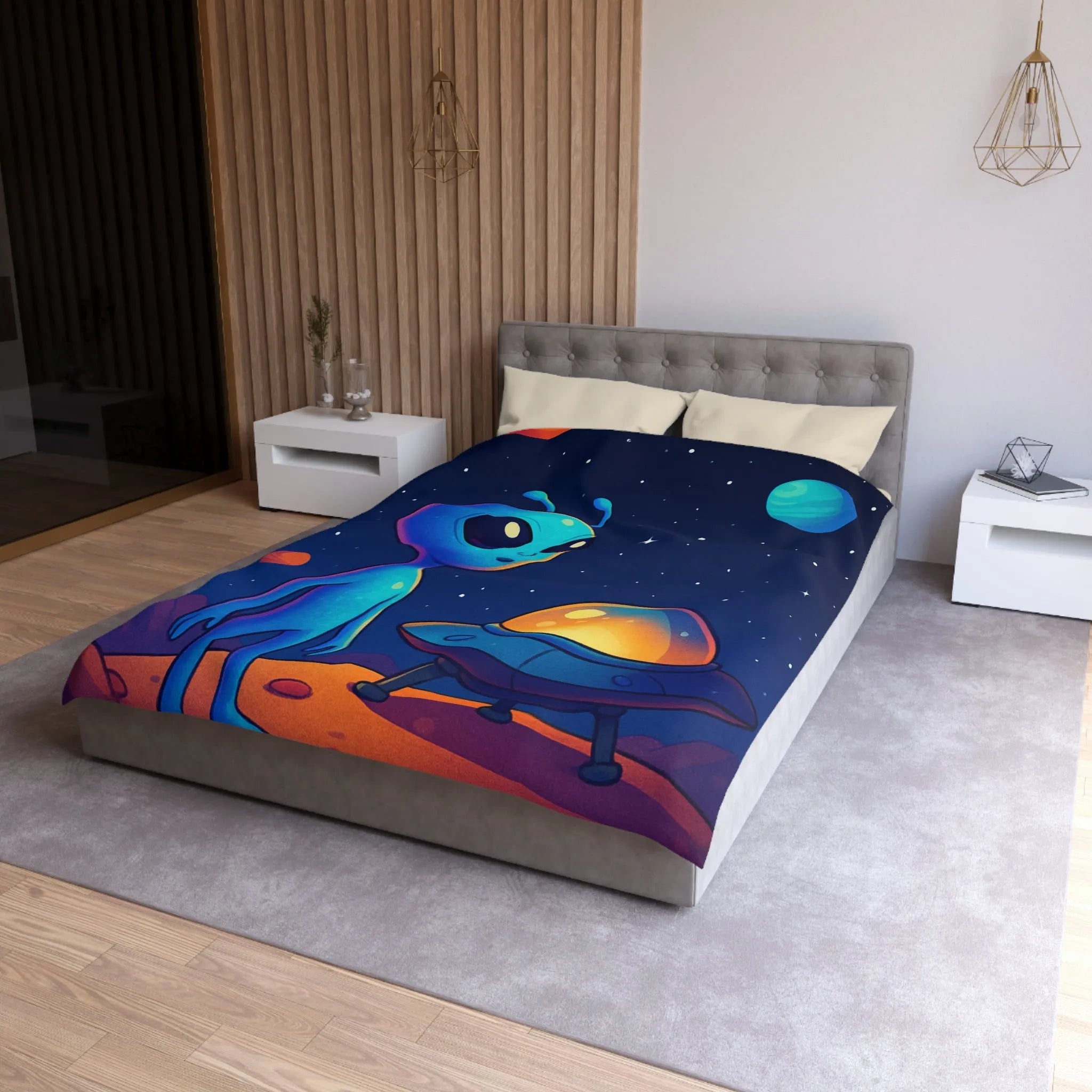 Housse de couette avec motif adorable de petit extraterrestre bleu et soucoupe volante