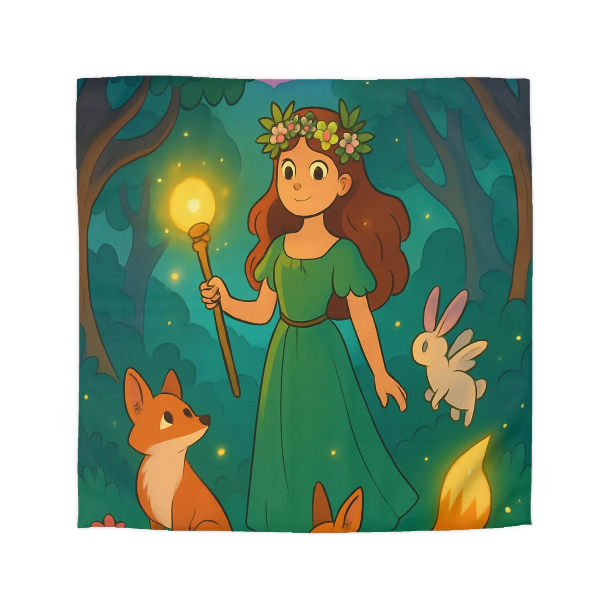 Housse de couette féerique avec fille et animaux en forêt enchantée, lumineuse et magique