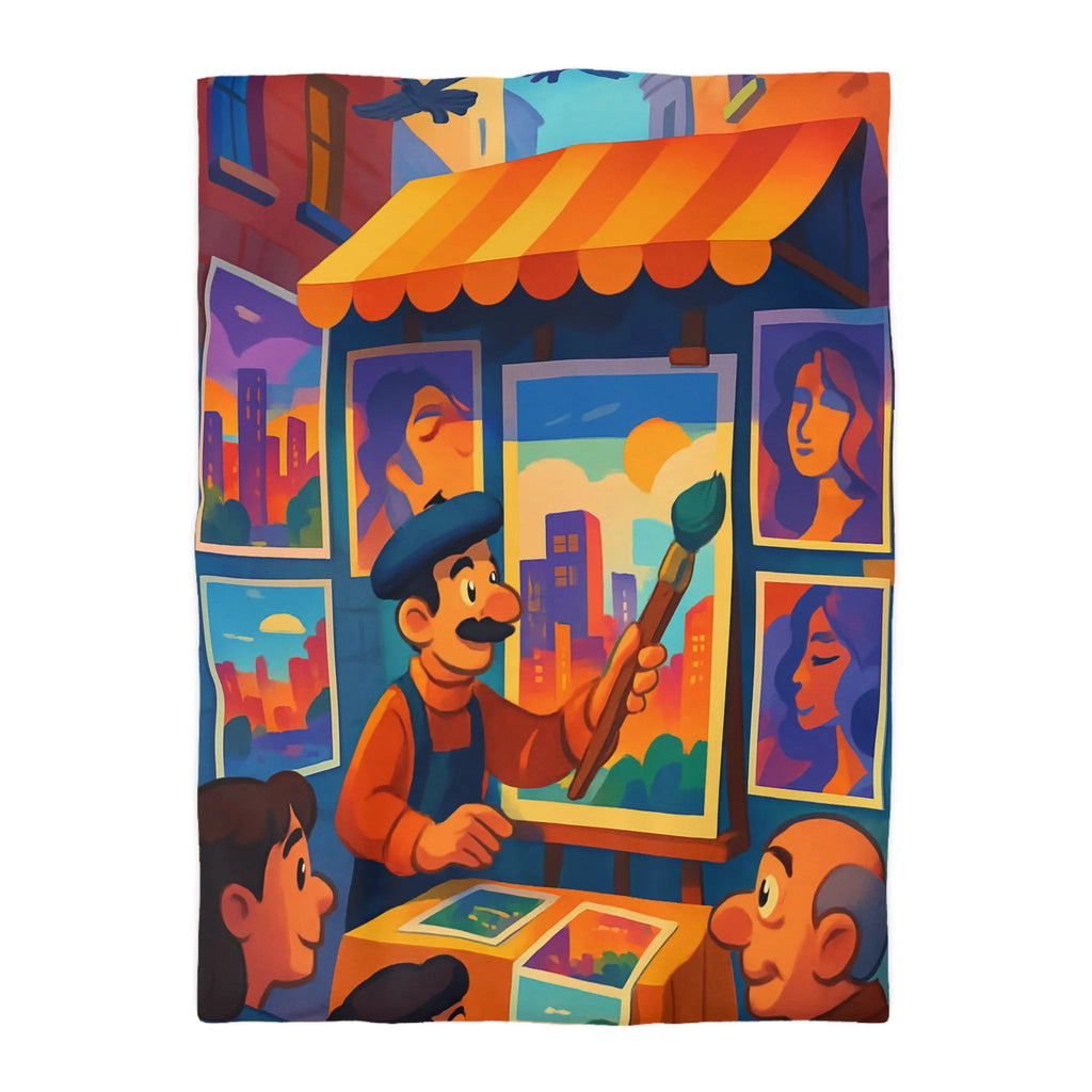 Housse de couette artistique avec scènes de rue vibrantes et peintures colorées