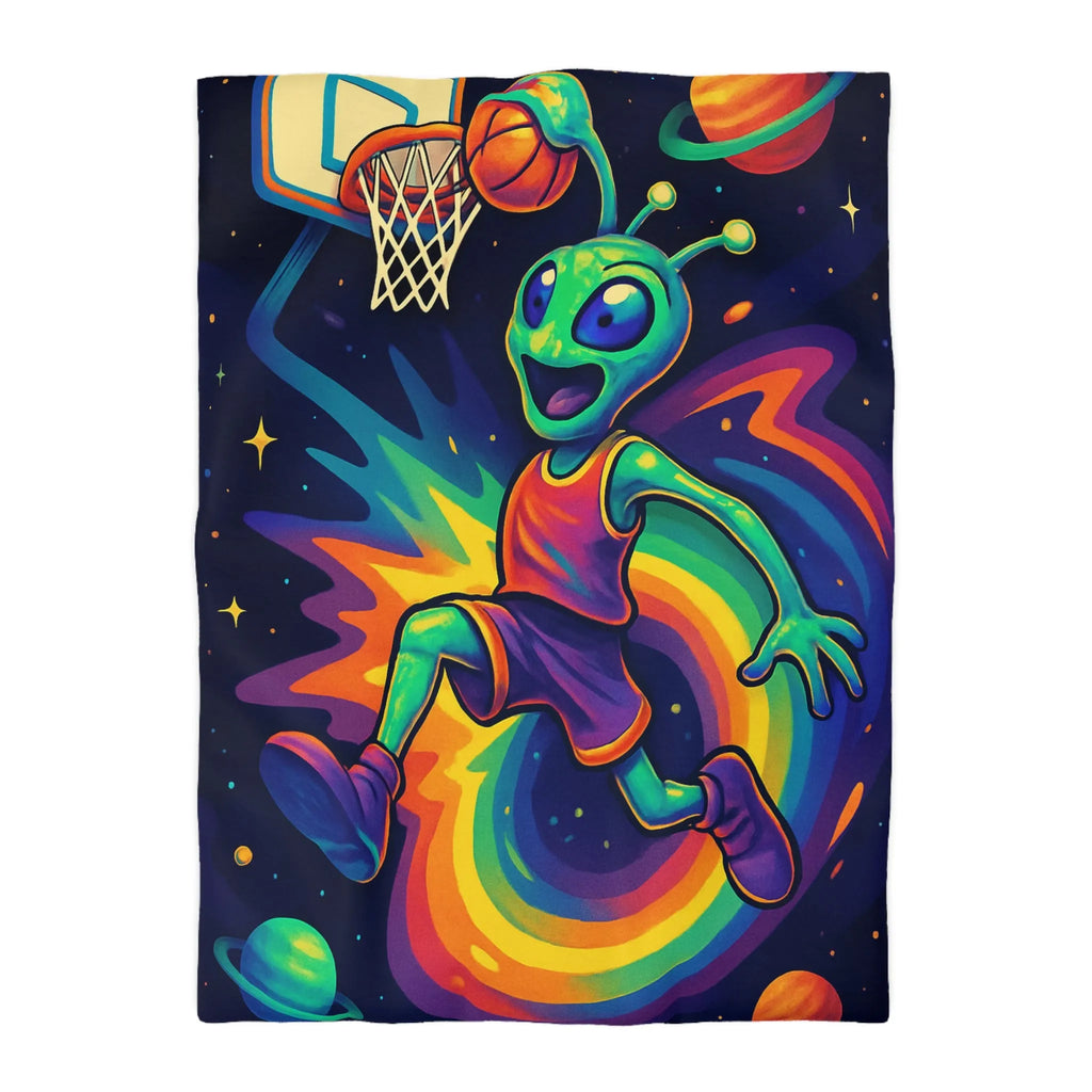 Housse de couette colorée avec alien jouant au basket dans l'espace intergalactique étoilé