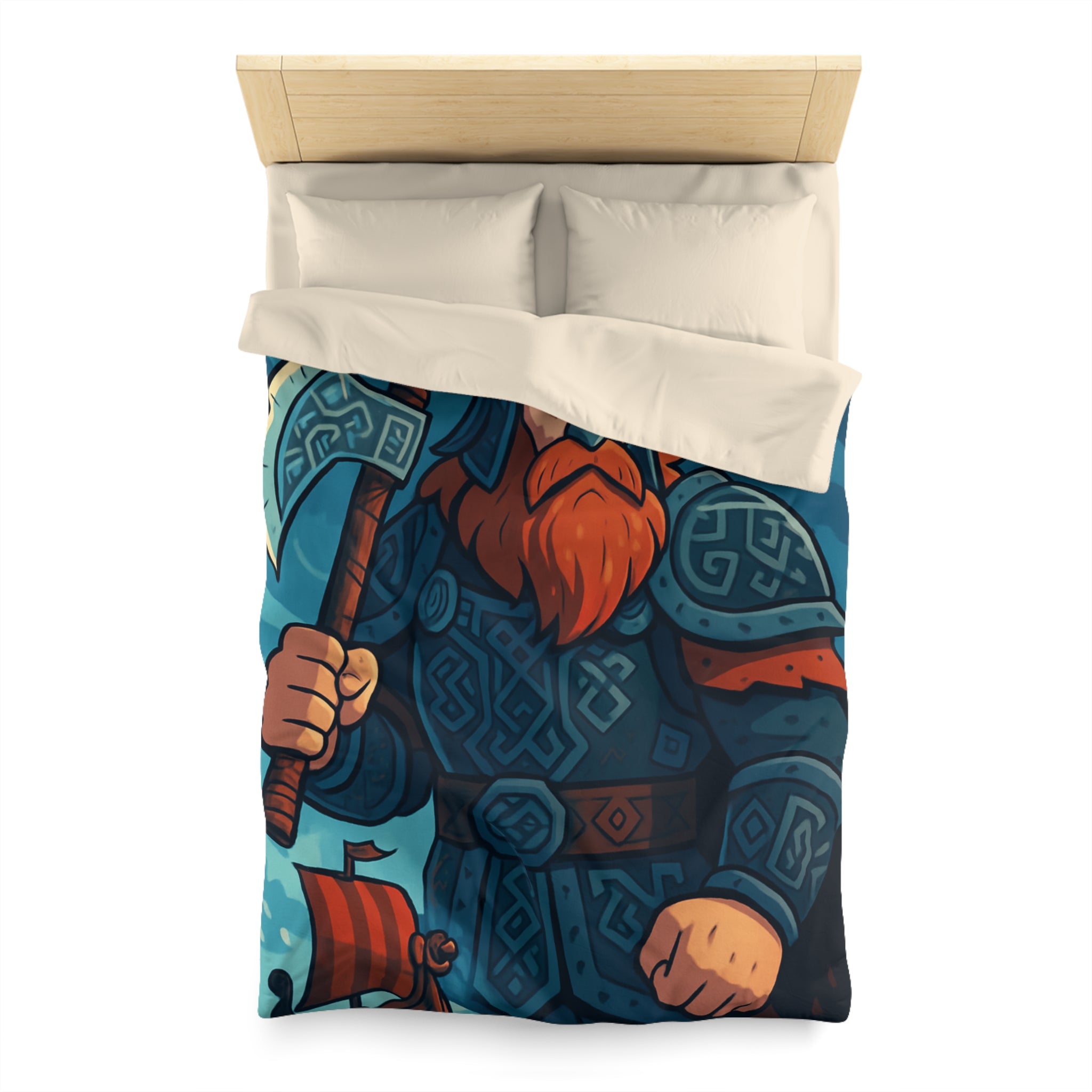Housse de Couette Viking Illustrée avec Guerrier et Drakkar sur Fond Océan Tempétueux