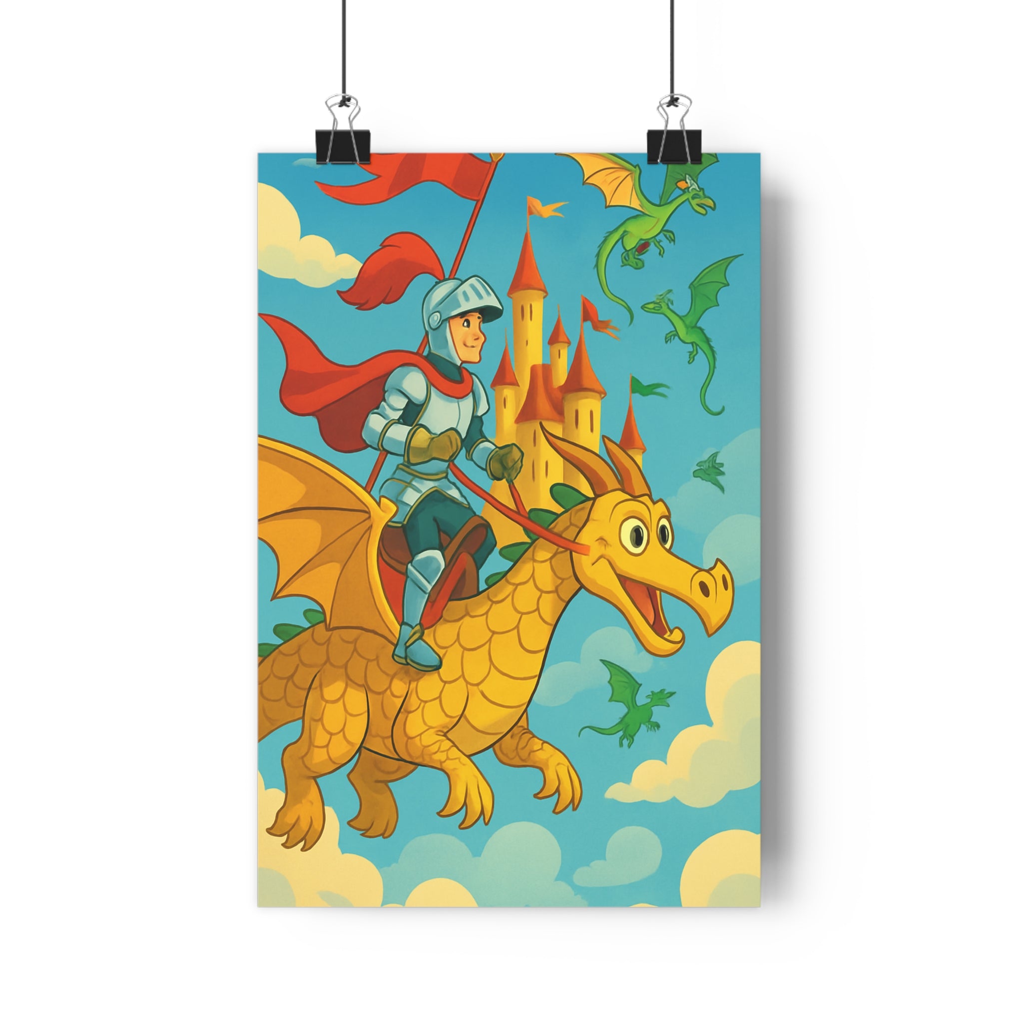 Poster décoratif chevalier dragon doré cartoon fantaisiste aventure enfant chambre magique ambiance joyeuse 30