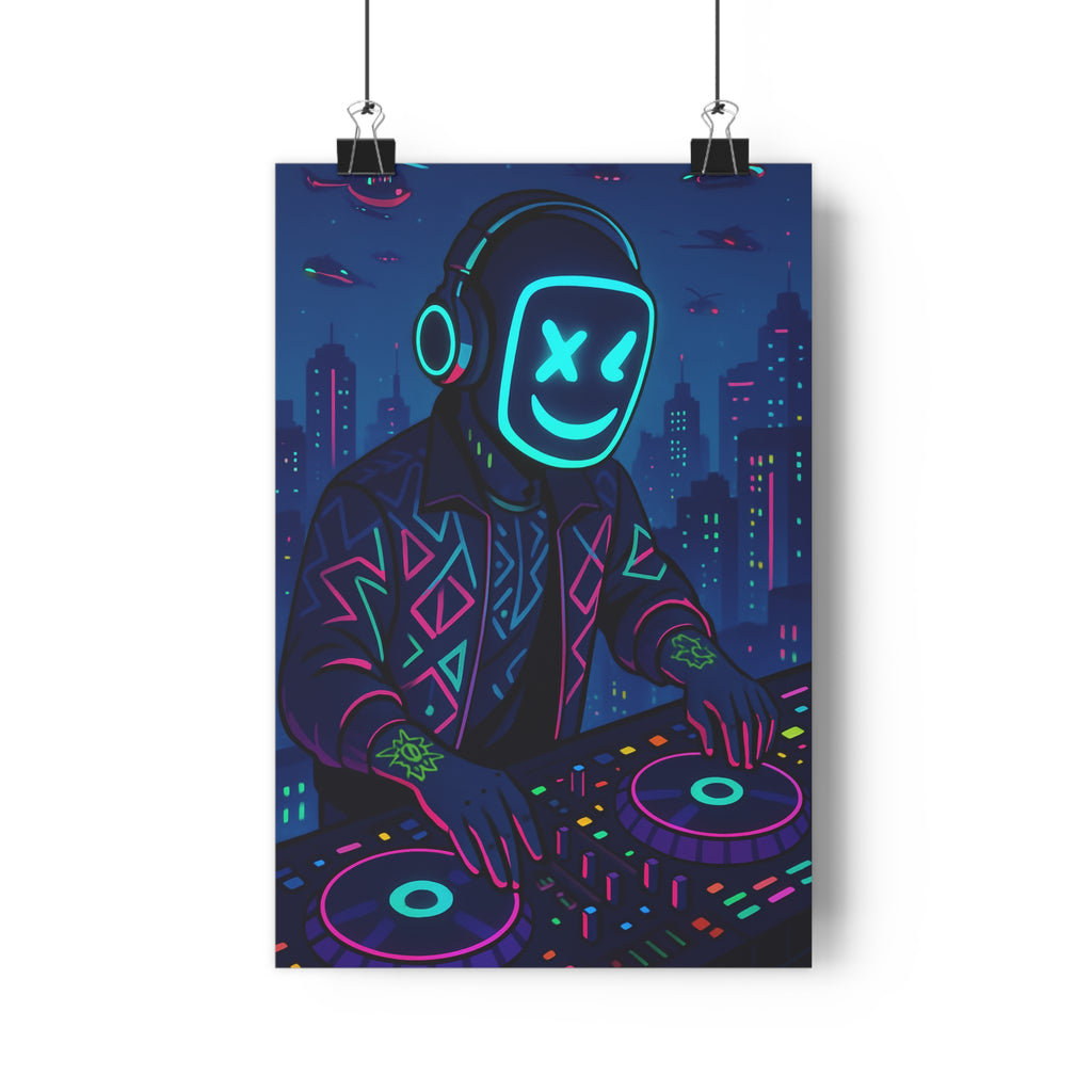 Poster décoratif moderne dj urbain néons lumineux bleu rose vert ambiance joyeuse chambre salon