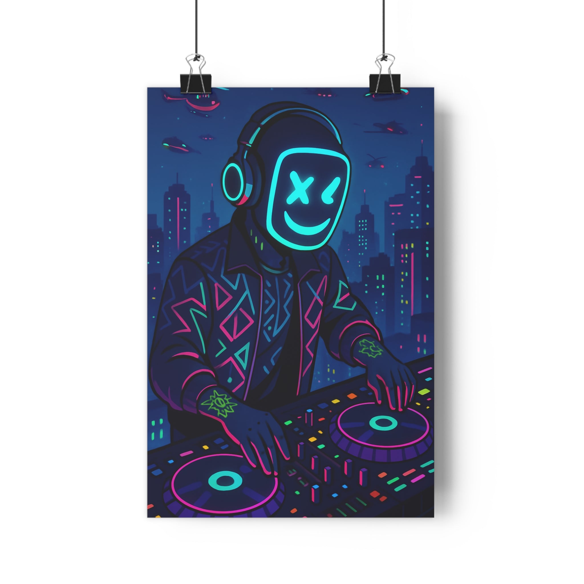 Poster décoratif moderne dj urbain néons lumineux bleu rose vert ambiance joyeuse chambre salon