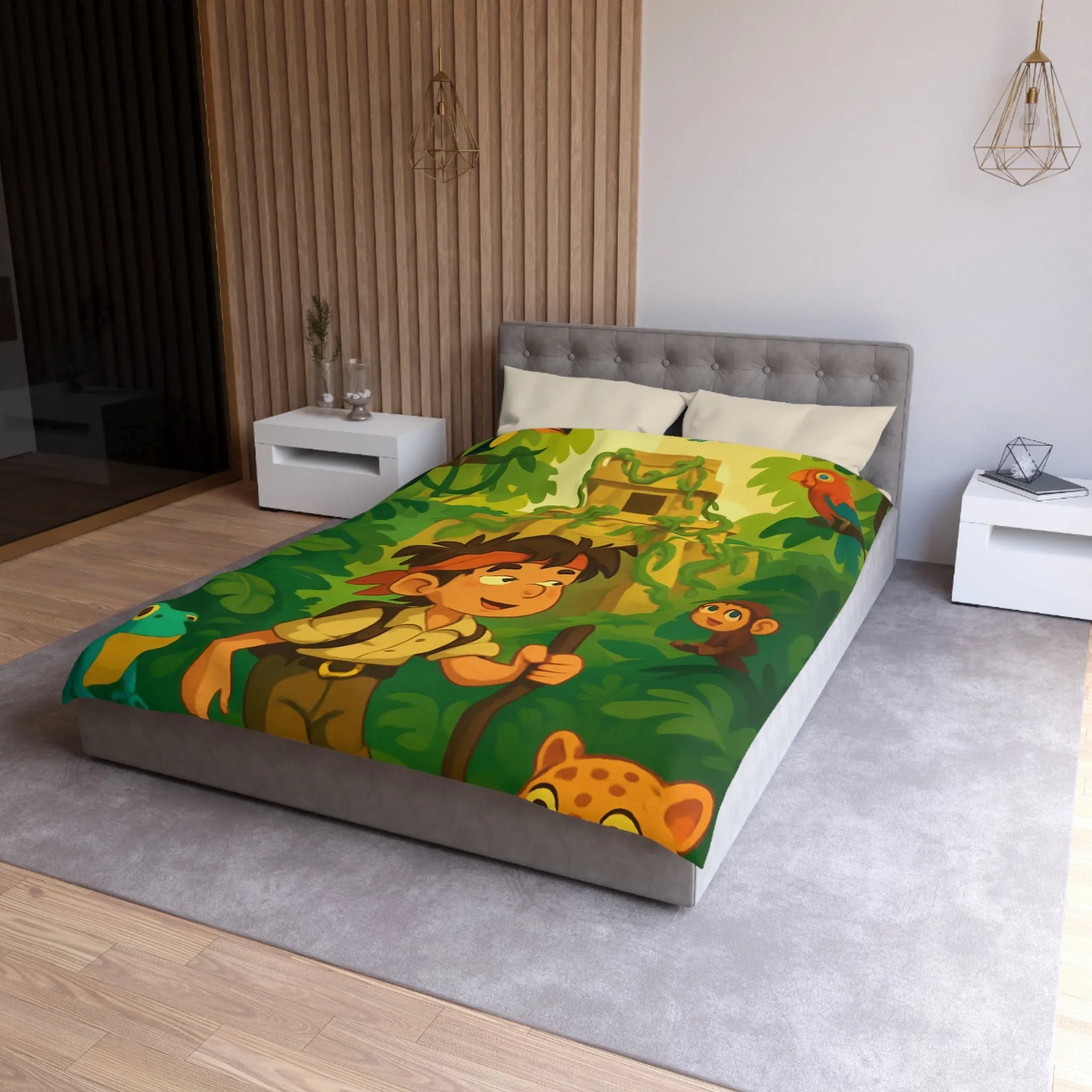 Housse de couette aventure jungle exotique pour chambre d'enfant avec animaux et temple