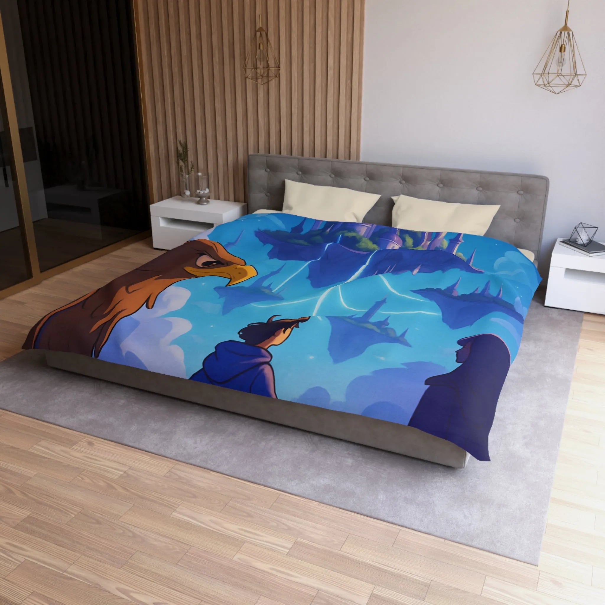 Épopée magique avec château flottant, ciel étoilé et créatures fabuleuses enchante une pièce