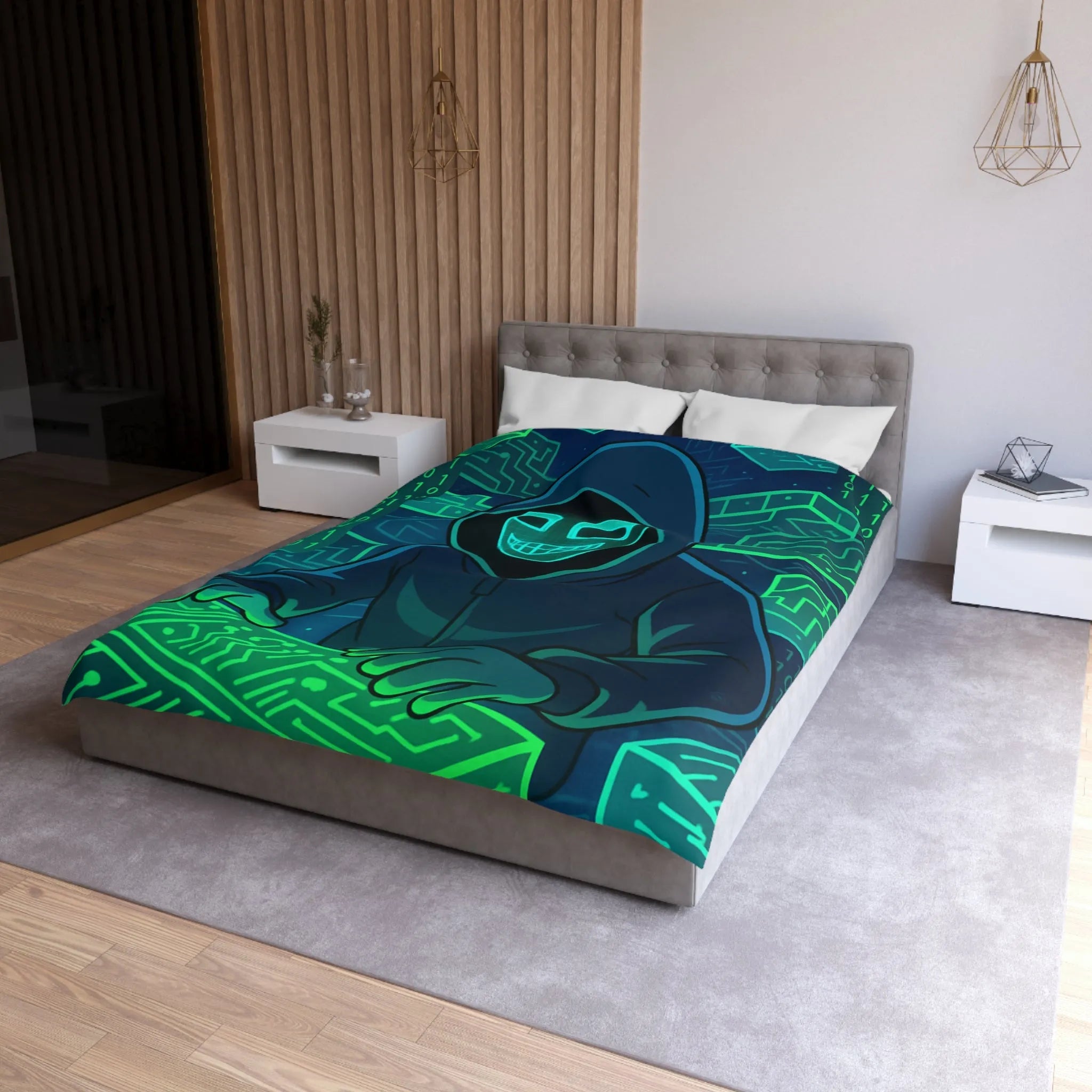 Housse de couette cyberpunk avec motif de hacker masqué et circuit numérique lumineux