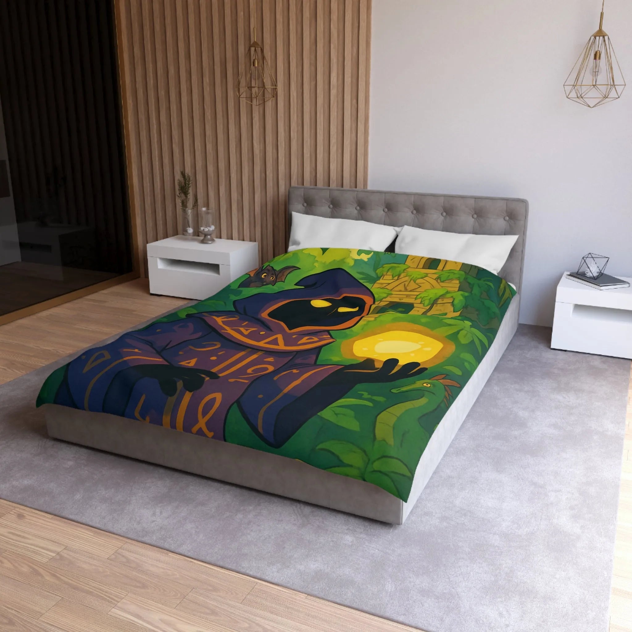 Housse de couette ambiance mystique avec mage sombre dans jungle énigmatique et temple ancien