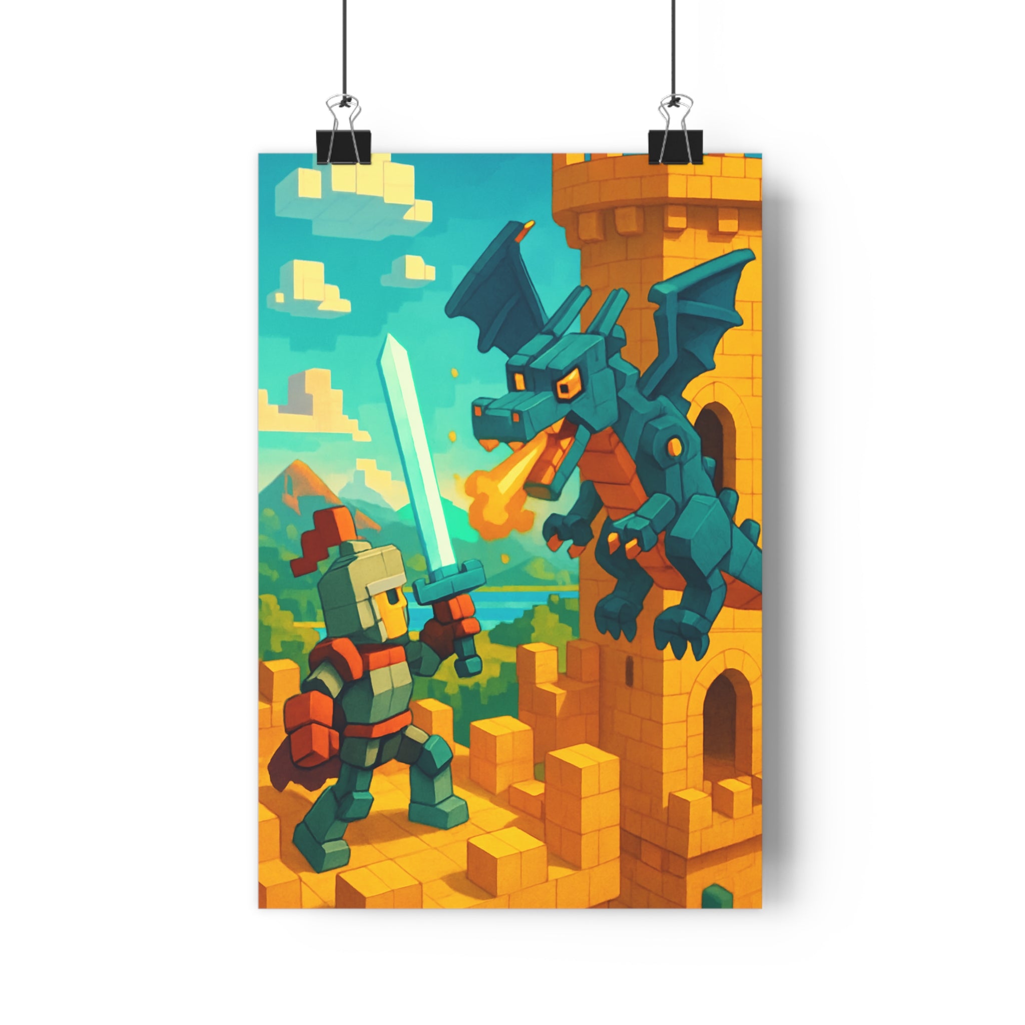 Poster décoratif cartoon chevalier dragon bleu jaune aventure chambre enfant vibrant coloré épique captivant