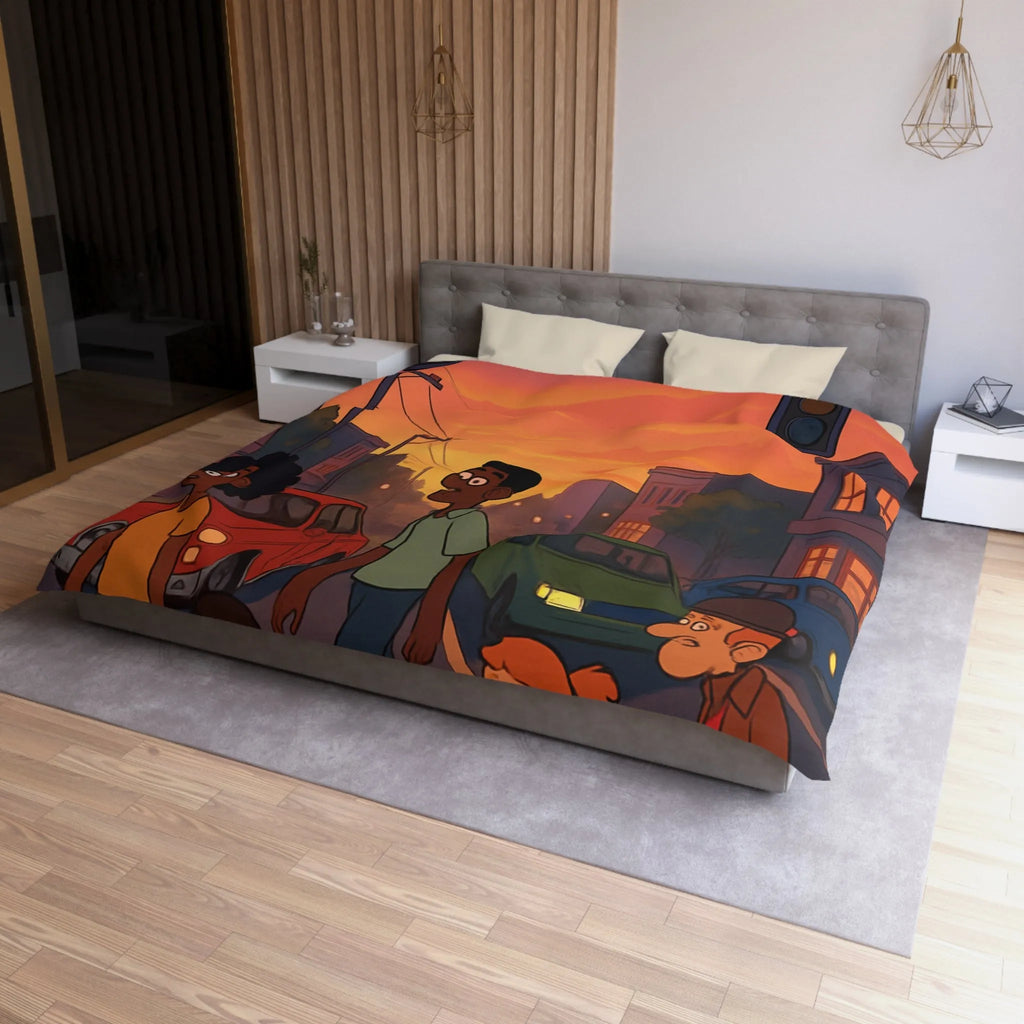 Housse de couette coucher de soleil urbain coloré, personnages divers traversant rue animée