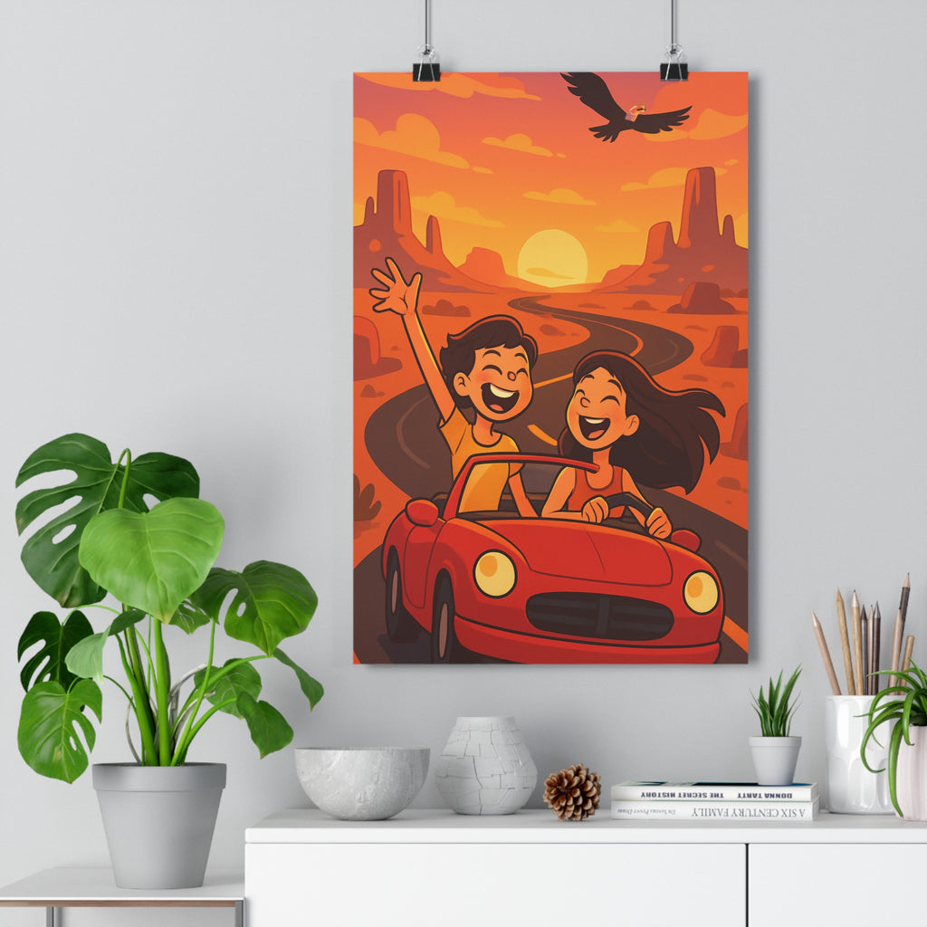 Poster décoratif aventure cartoon rouge orange joyeux salon chambre dynamique paysage coucher soleil créatif