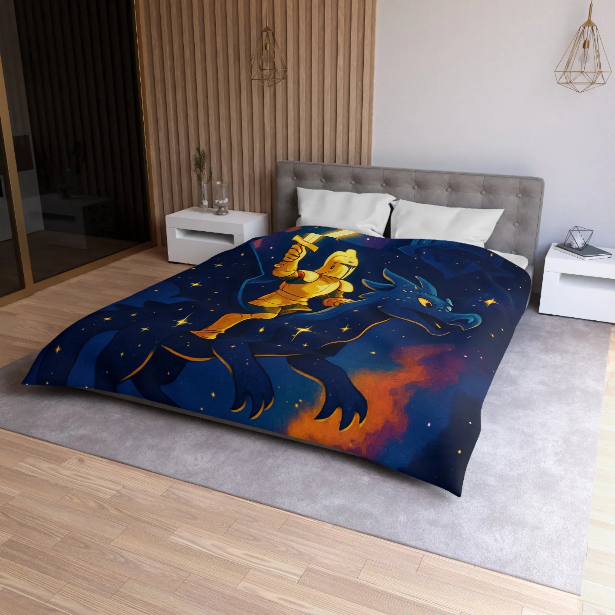 Housse de couette avec chevalier et dragon volant sous étoiles et château magique