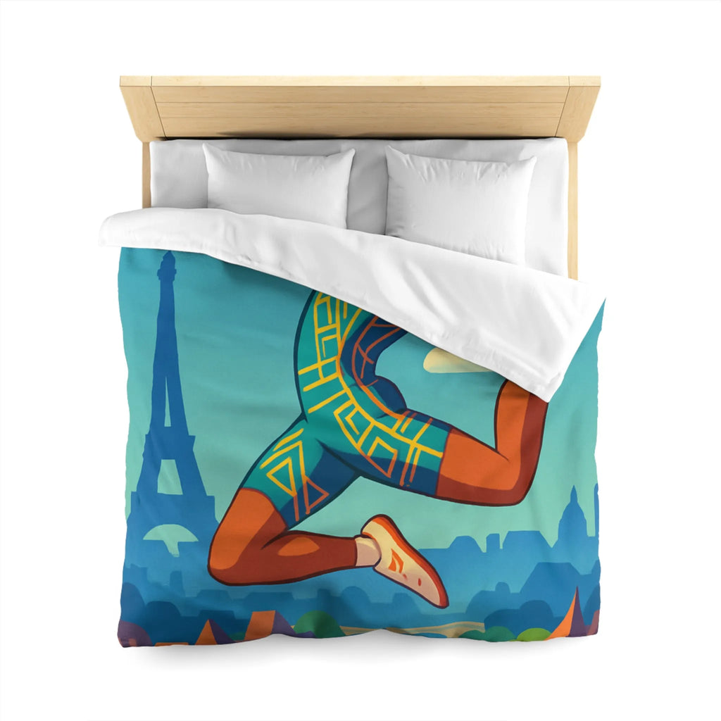 Housse de couette athlète sautant en ville avec ciel bleu et monuments célèbres