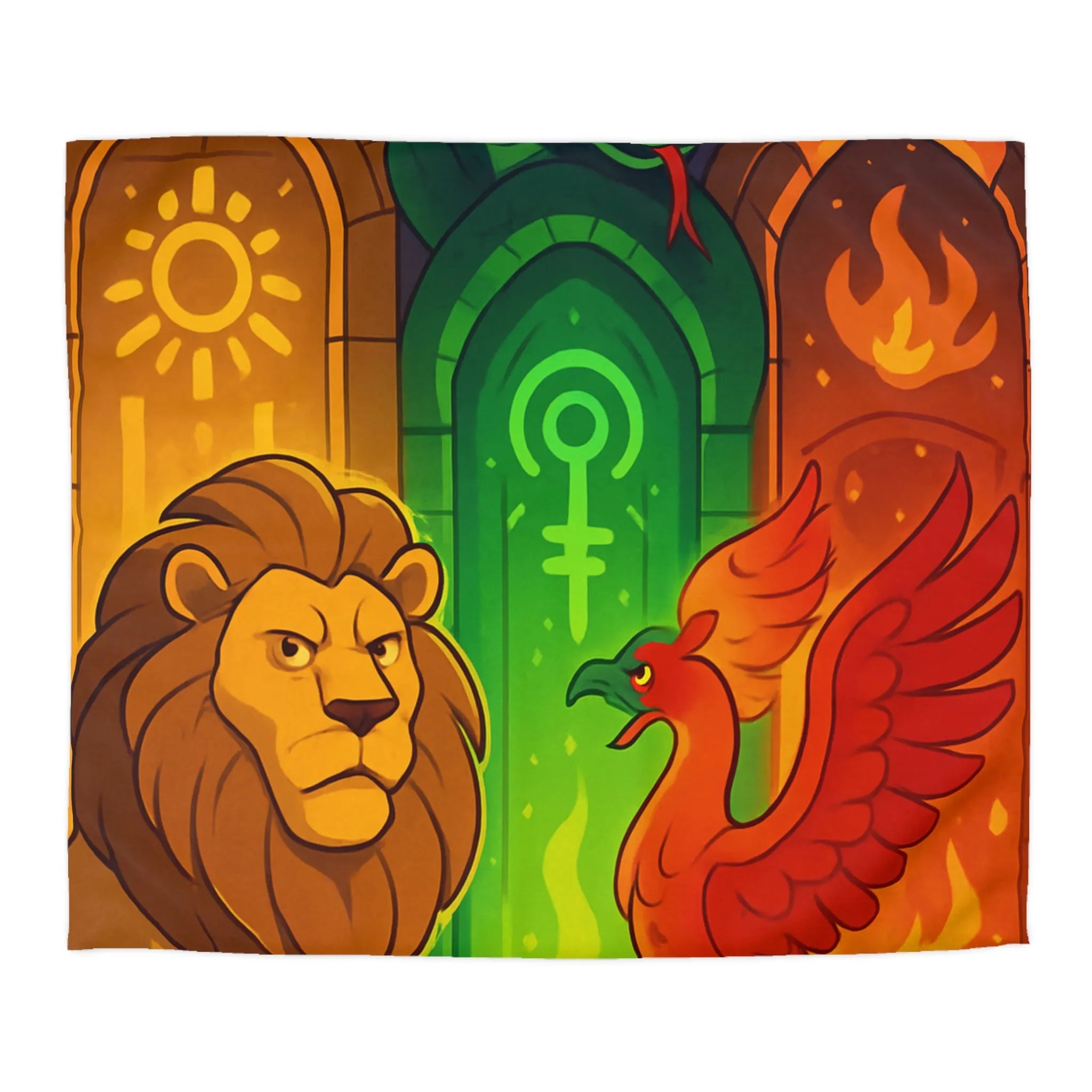 Housse de couette avec motifs lion, serpent et phénix sur fond médiéval magique